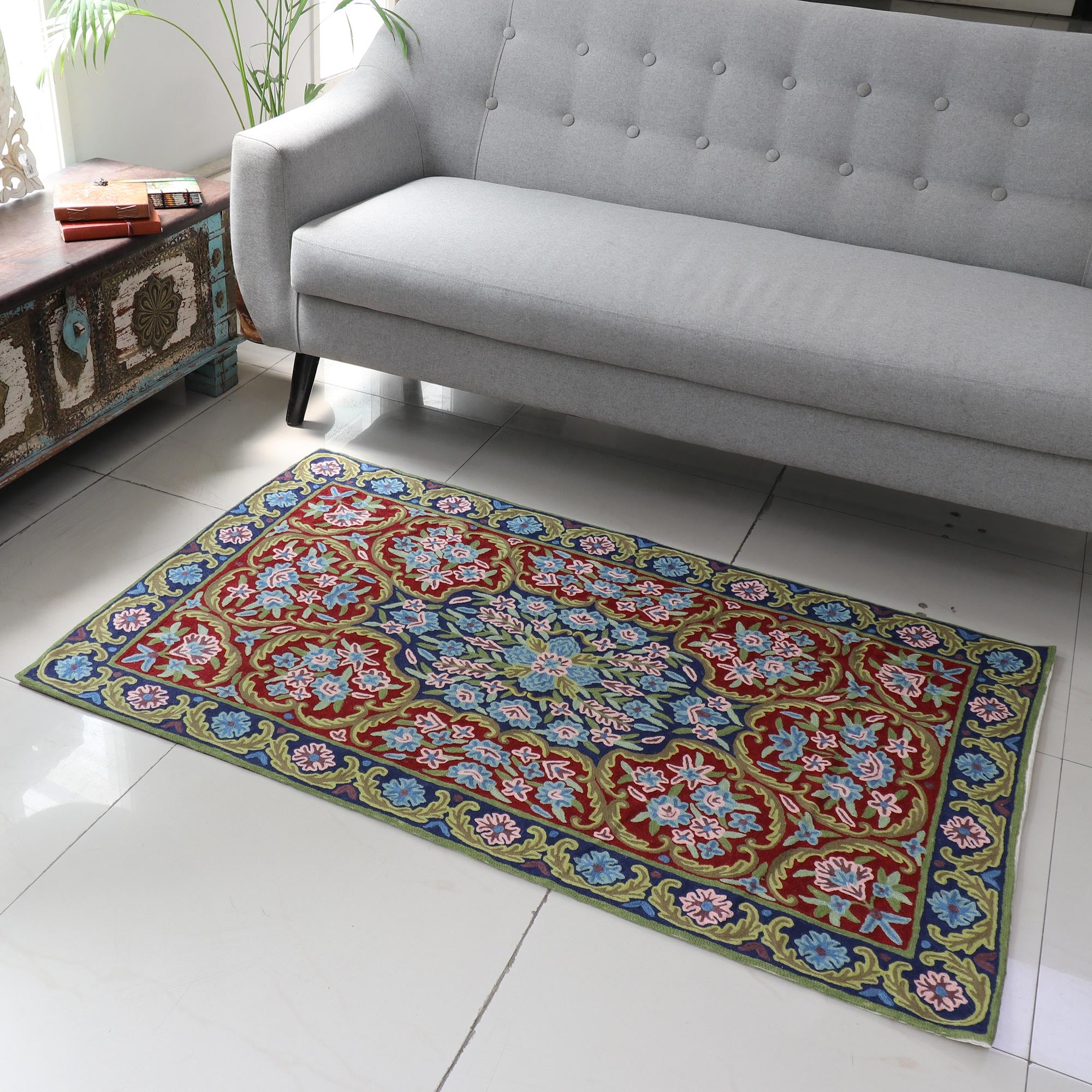 Premium Handcrafted Kashmir Festival Floral Geometric Rug – 3x5 Ft Chain Stitch Masterpiece