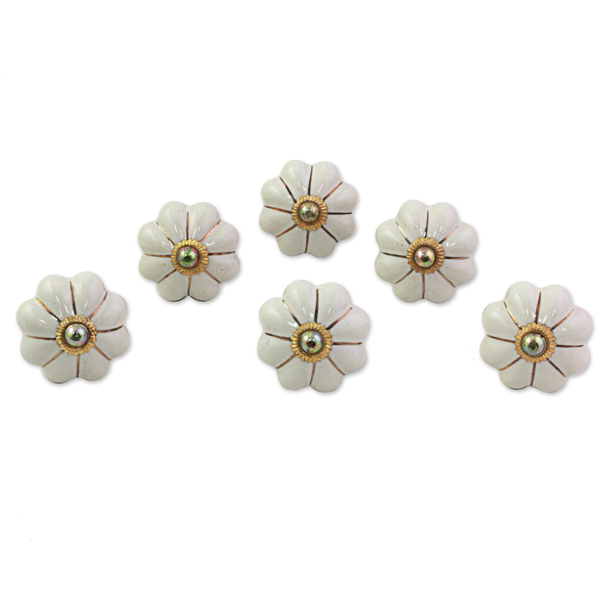 Premium Ceramic Floral Cabinet Knobs - Handcrafted Off-White Set of 6