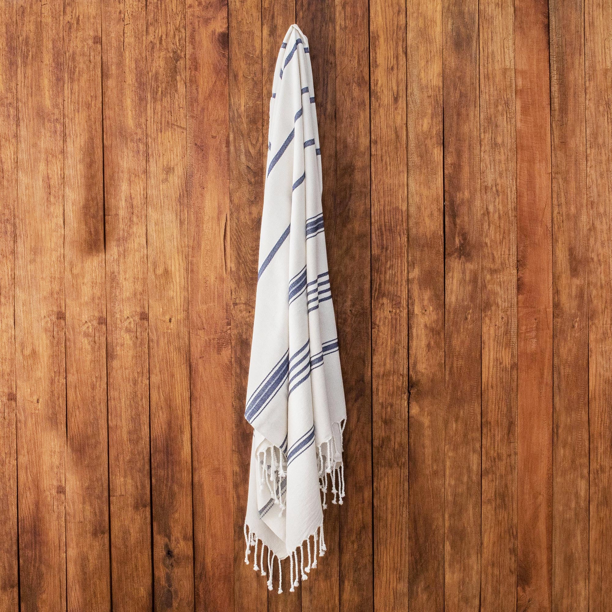 Premium Snow White Cotton Beach Towel with Indigo Stripes – Ultimate Relaxation