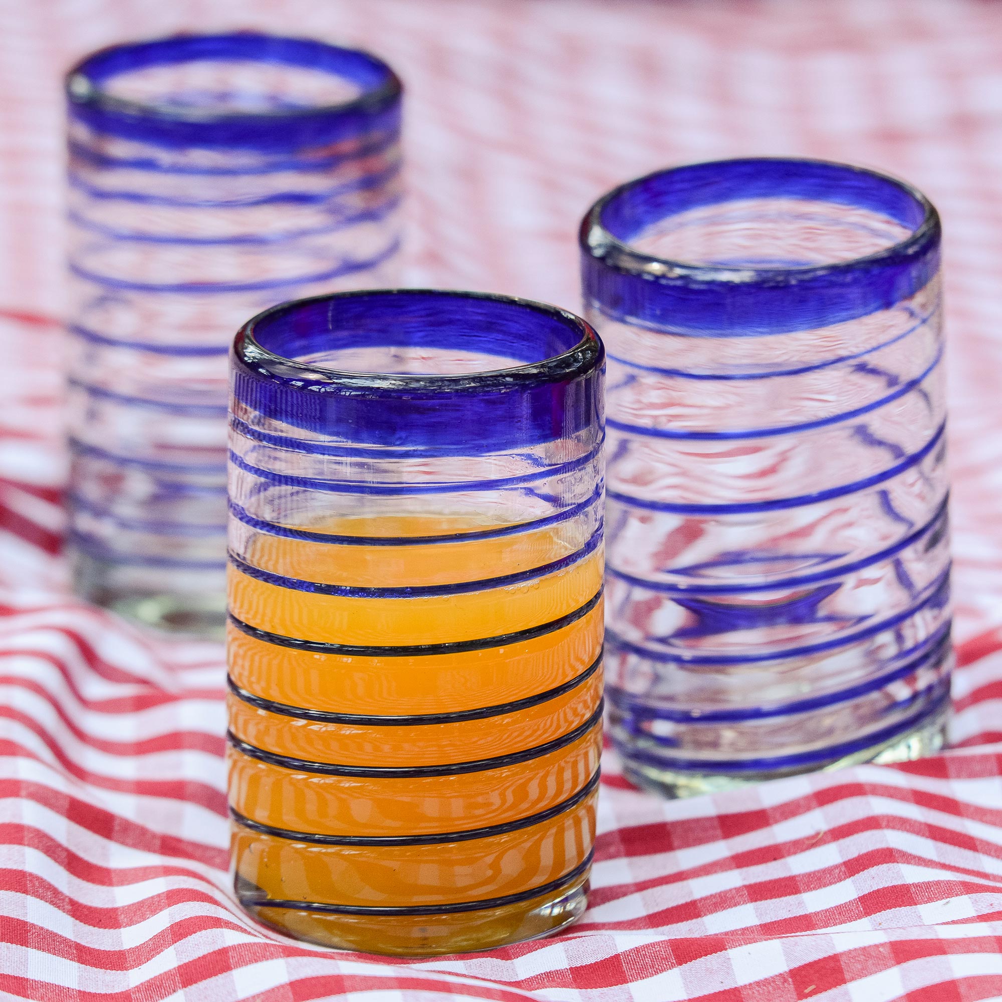 Premium Spirals of Thought Handblown Recycled Glass Striped Blue Drinkware Set - 6 Piece