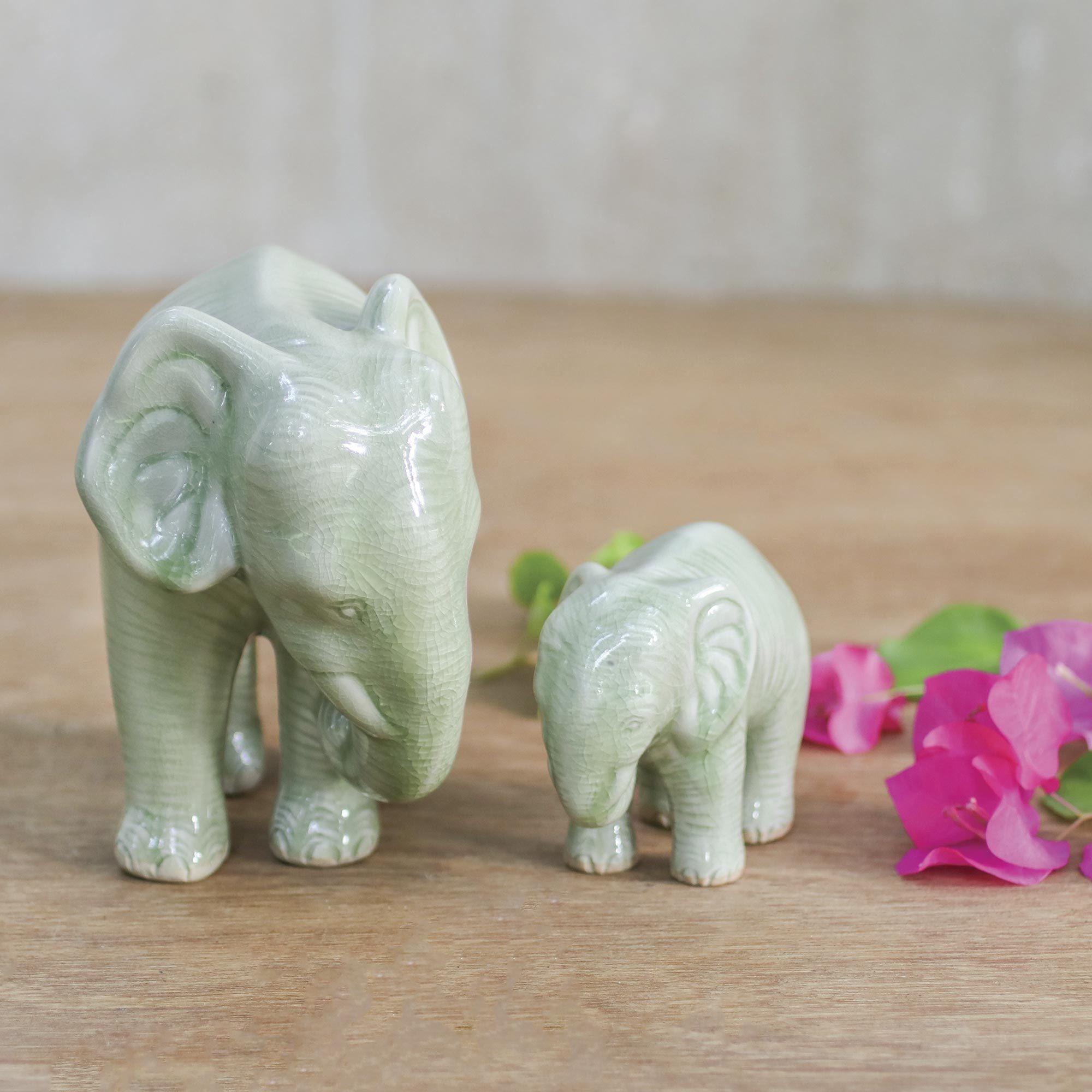 Premium Mother & Baby Elephant Celadon Ceramic Sculptures