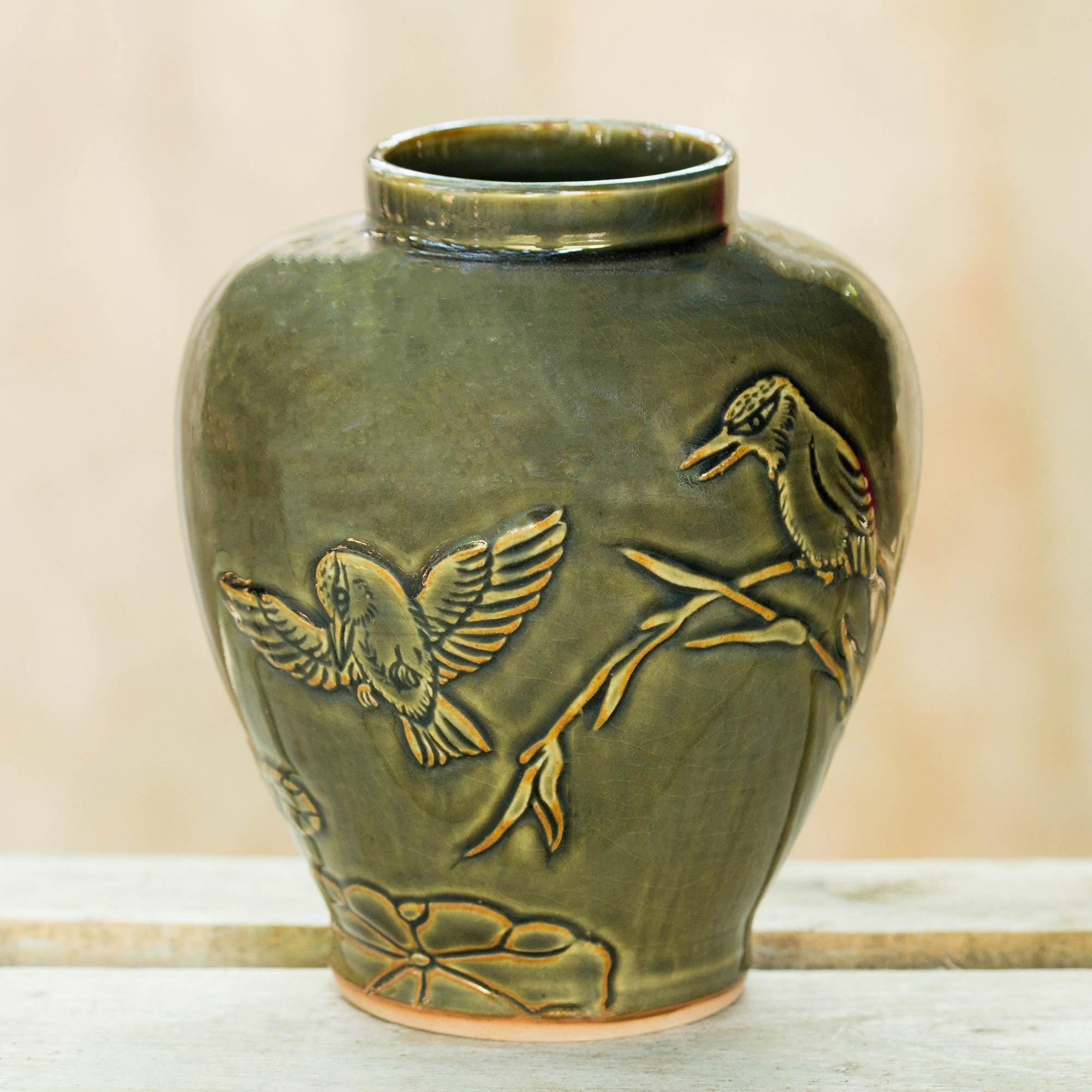 Premium Handcrafted Green Ceramic Vase with Hummingbird & Bamboo Design