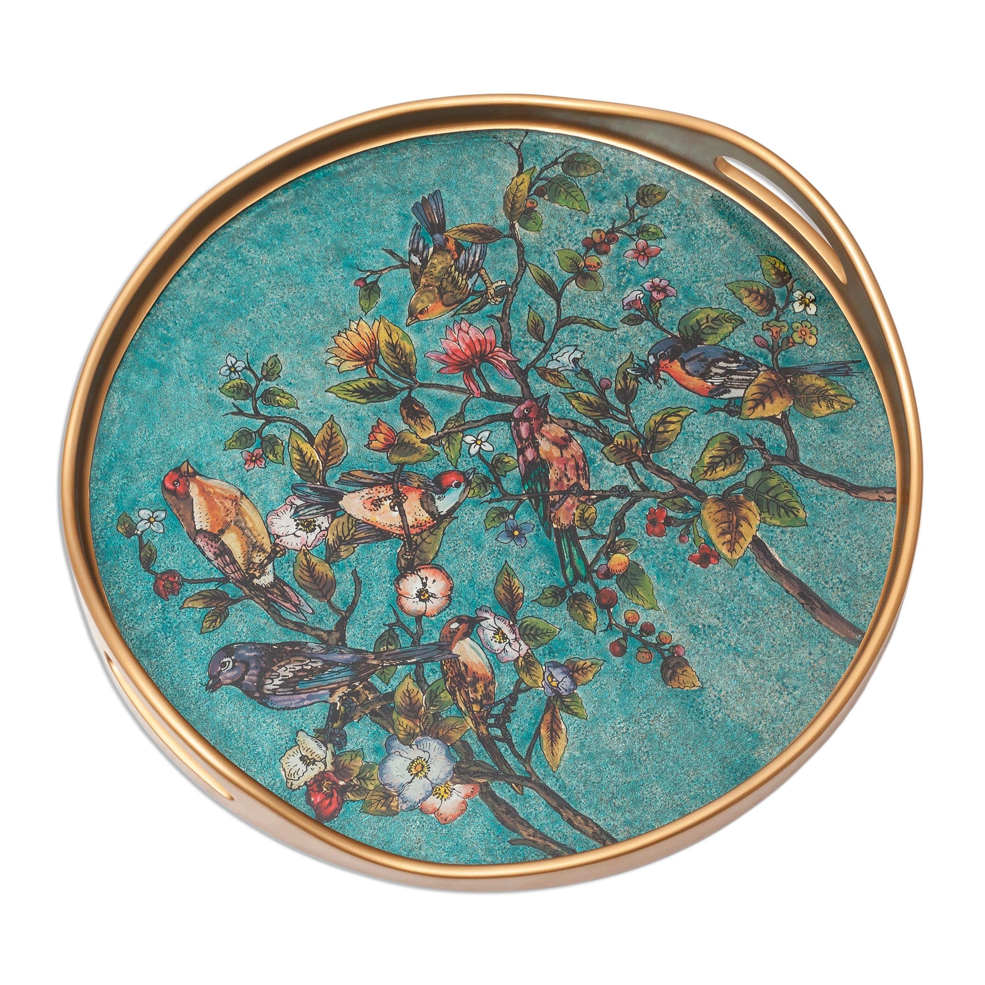 Premium Turquoise Floral & Bird Reverse-Painted Glass Tray - Handcrafted in Peru