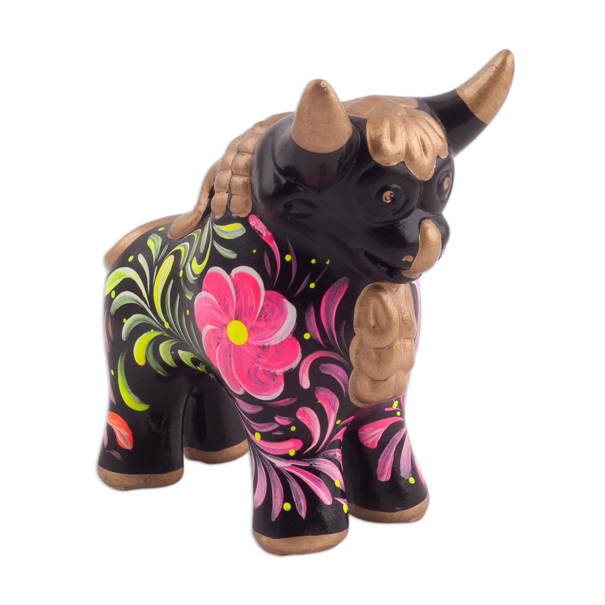 Premium Black Ceramic Pucara Bull Sculpture - Handcrafted Floral Design from Peru
