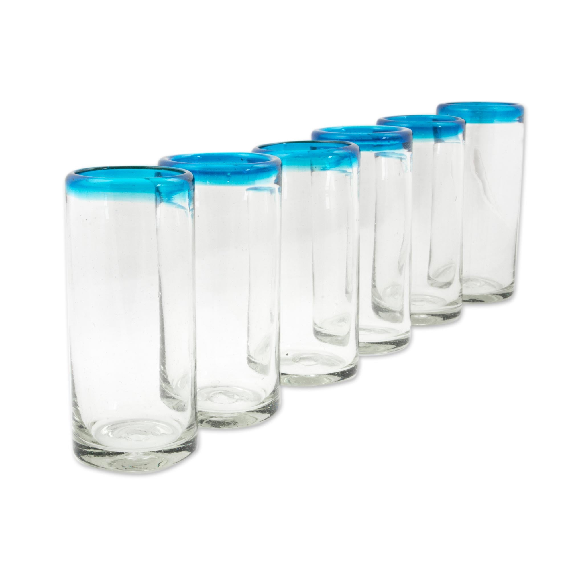 Premium Aquamarine Kiss Set - Hand Blown Aqua Rim Highball Glasses (Set of 6)