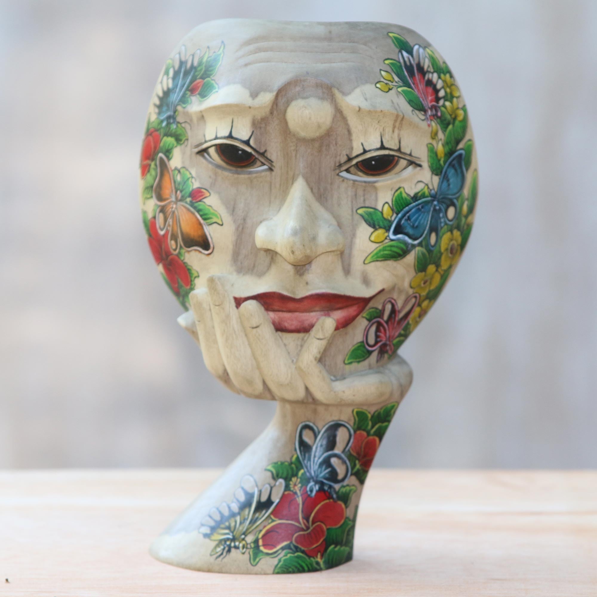 Premium Hand-Carved Hibiscus Wood Floral Butterfly Tabletop Mask