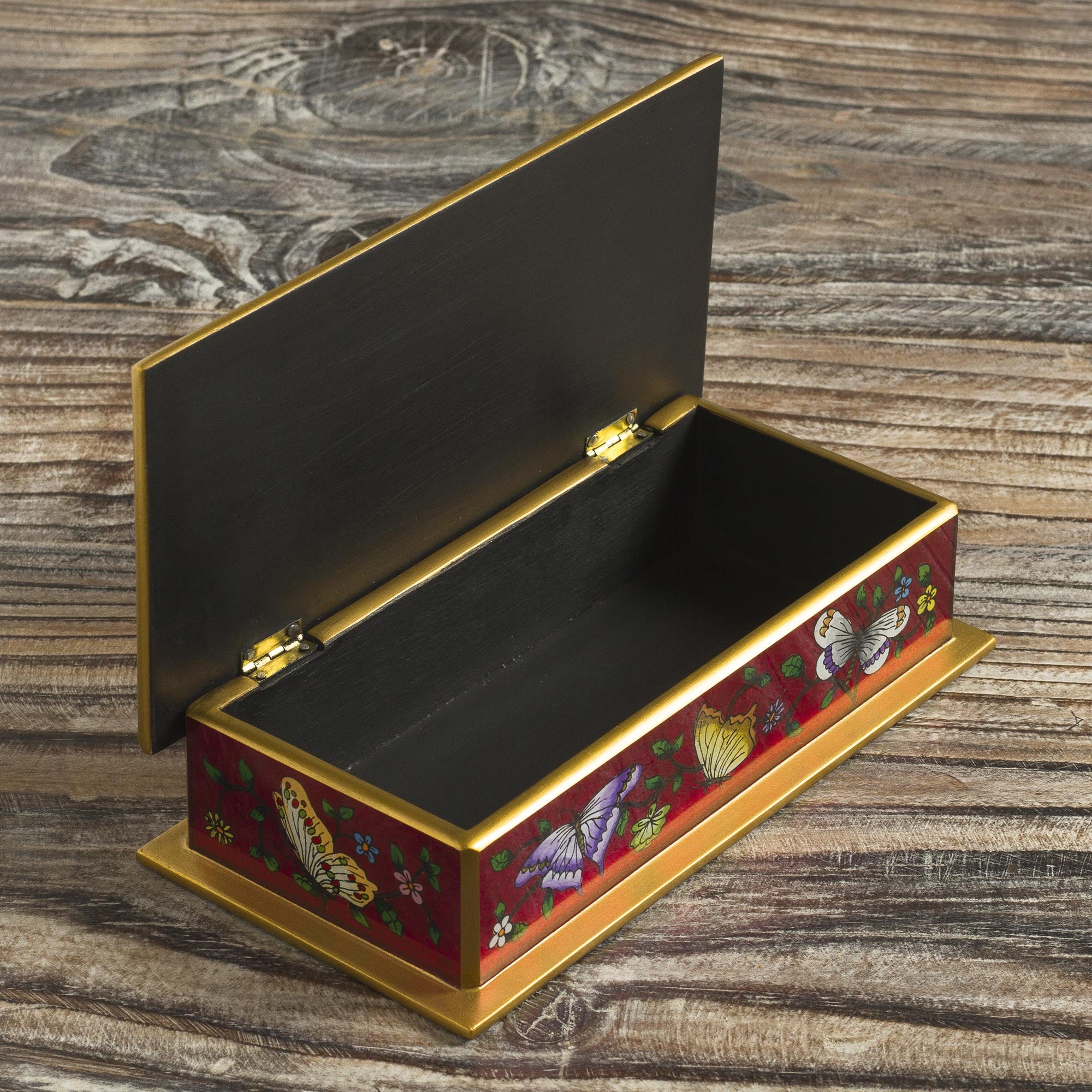 Premium Burgundy Reverse-Painted Glass Decorative Box with Butterflies