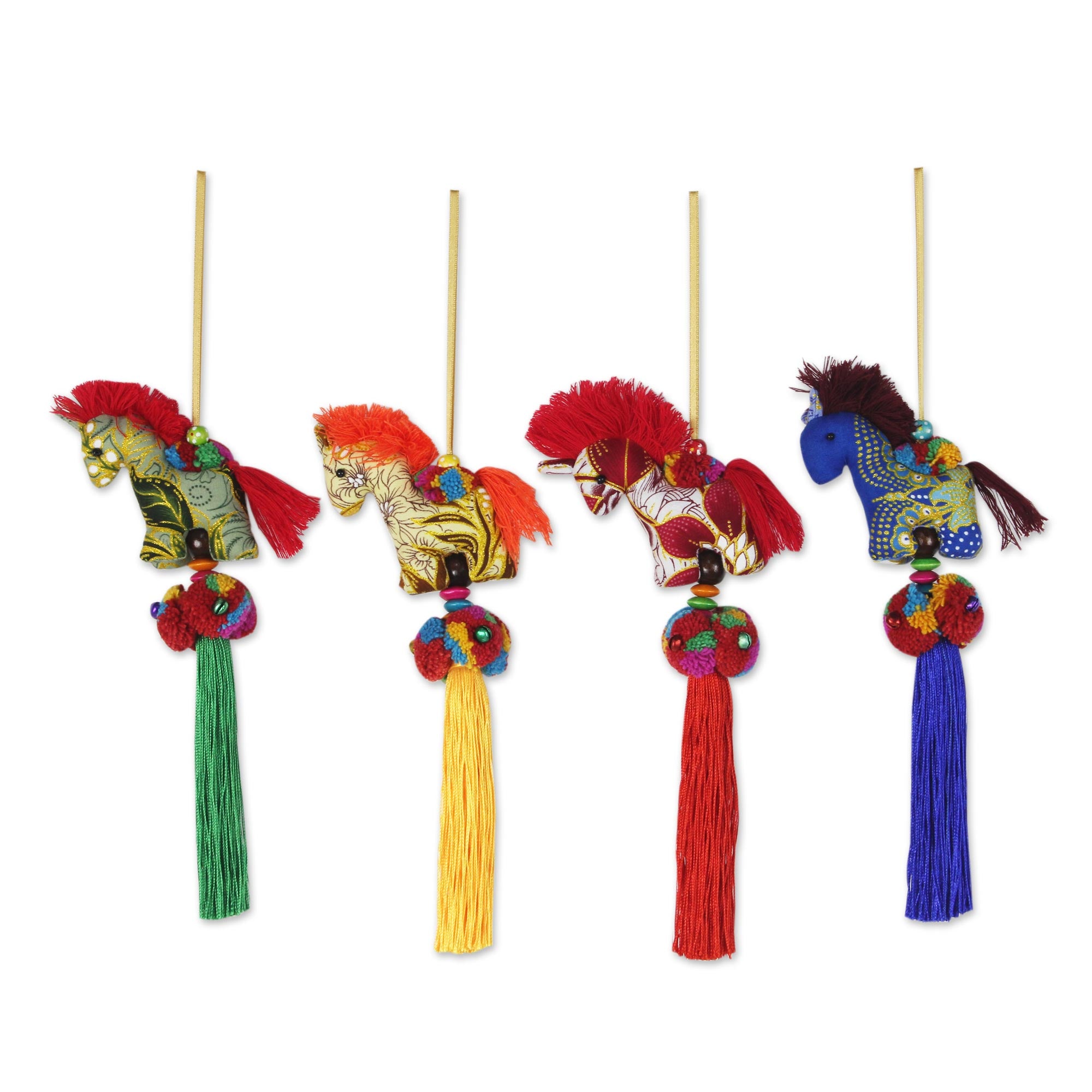 Premium Thai Horses: Handcrafted Multicolor Cotton Ornaments Set of 4