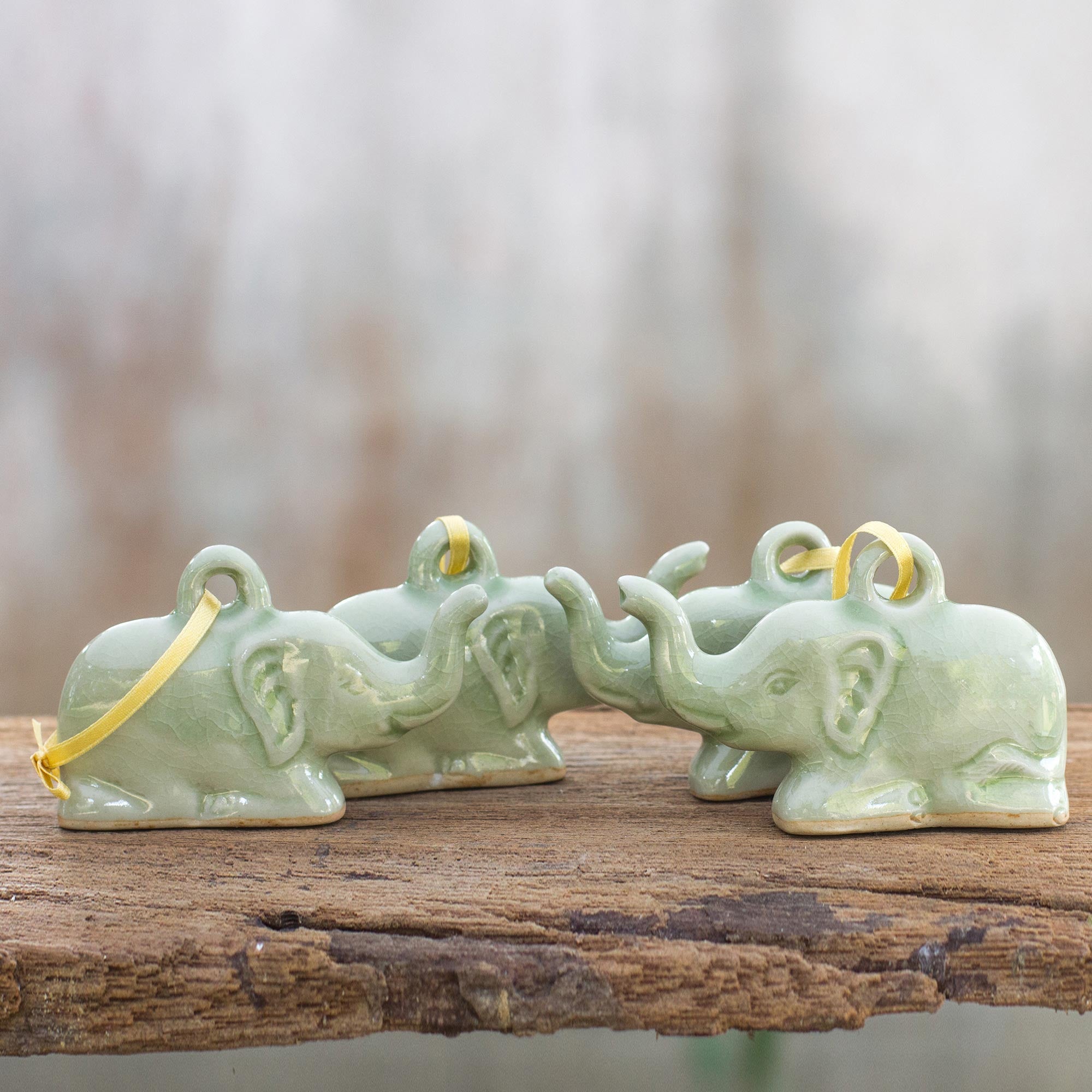 Premium Fair Trade Celadon Ceramic Elephant Ornaments - Set of 4, Green Holiday Decor