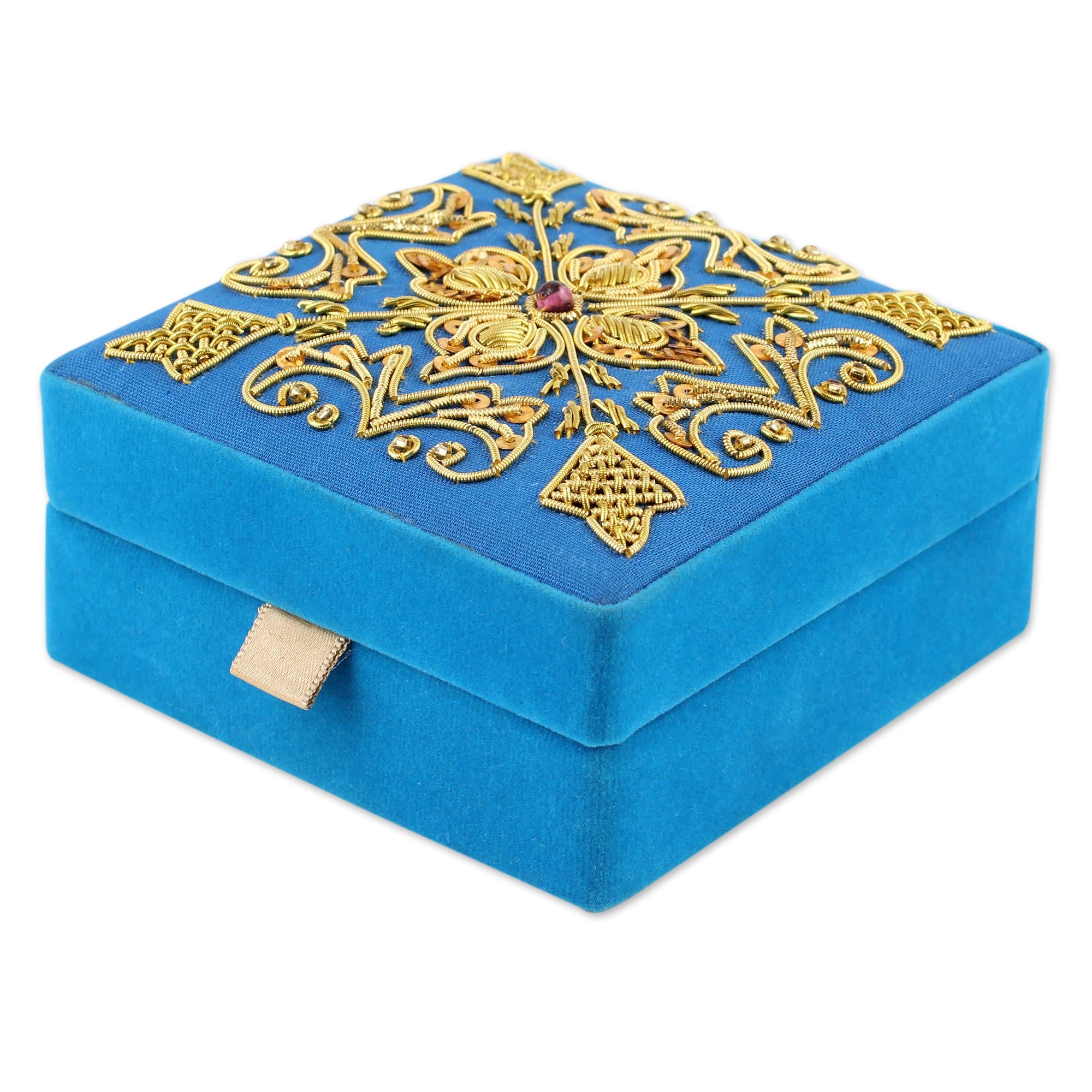Premium Royal Sky Blue Embroidered Wood Box - Handcrafted in India