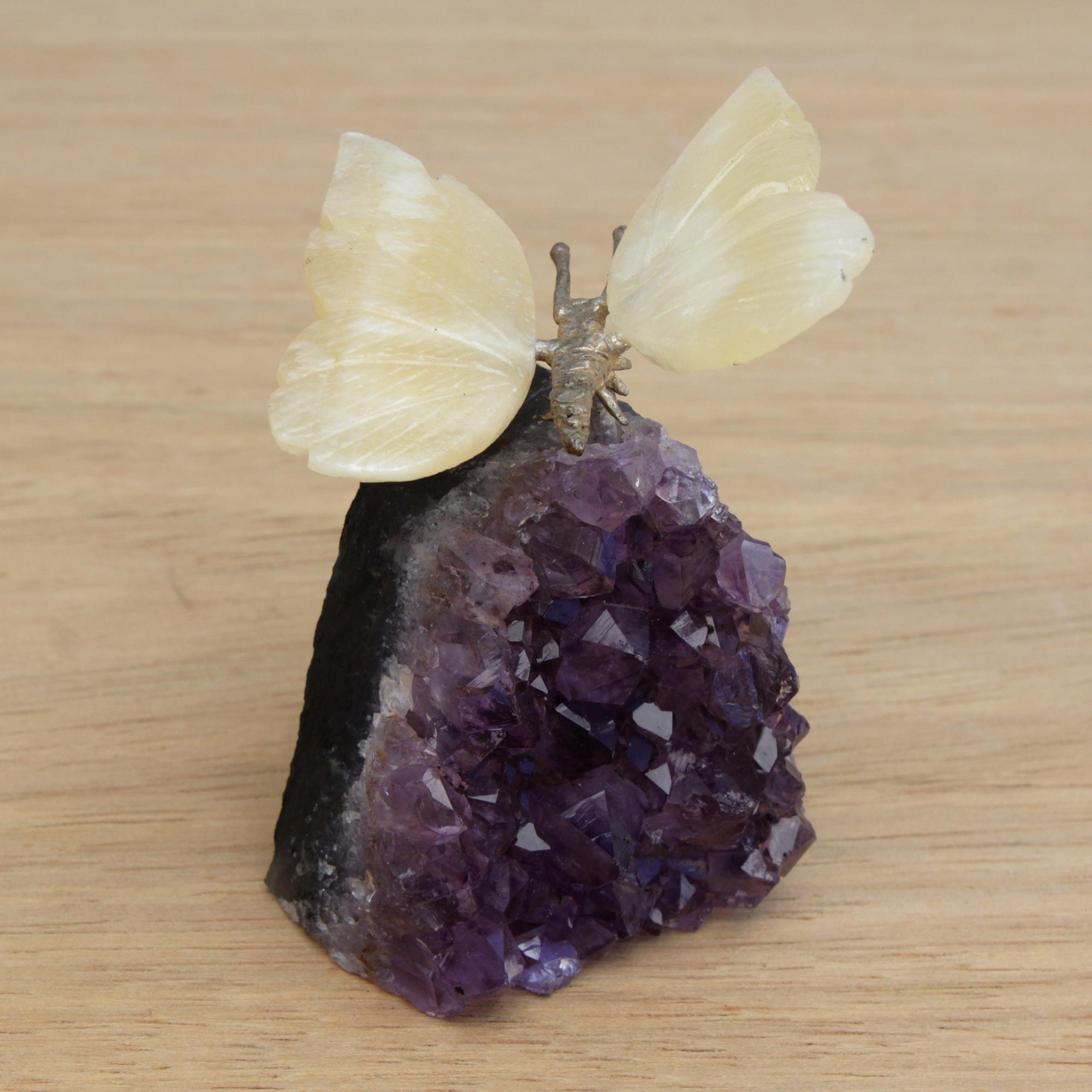 Premium Honey Calcite & Amethyst Butterfly Sculpture - Handcrafted Gemstone Art