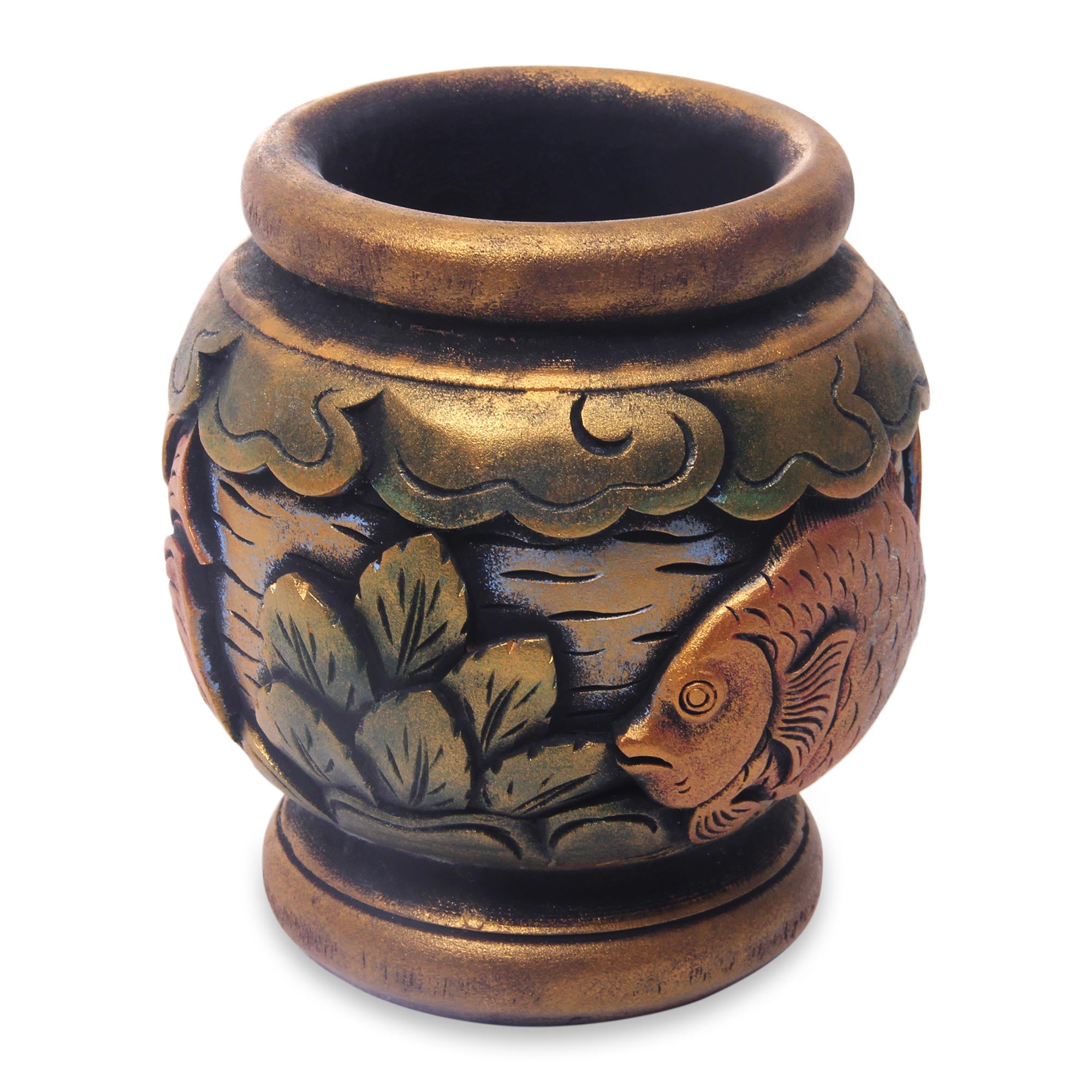 Premium Balinese Goldfish Hand-Carved Mahogany Vase - 5 Inch Antique Design