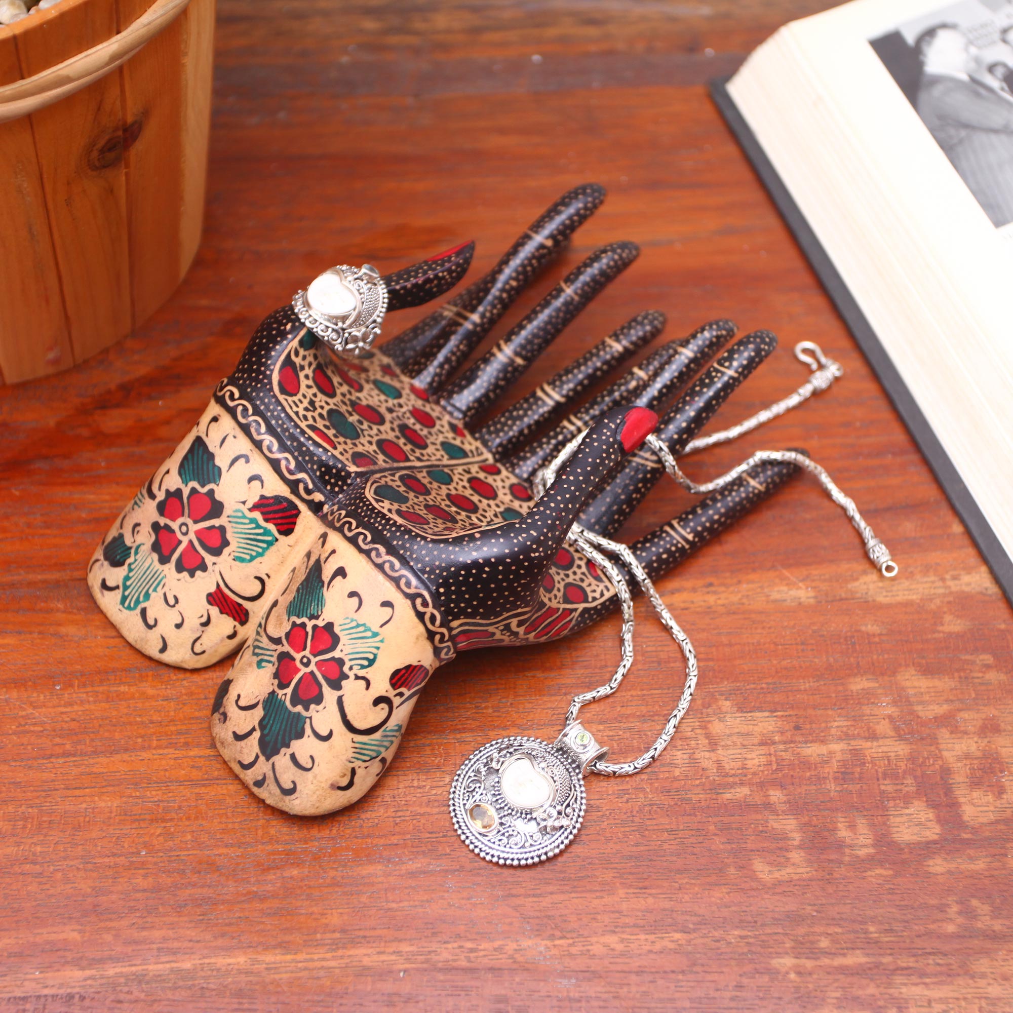 Premium Floral Batik Wood Ring Holder - Handcrafted in Java