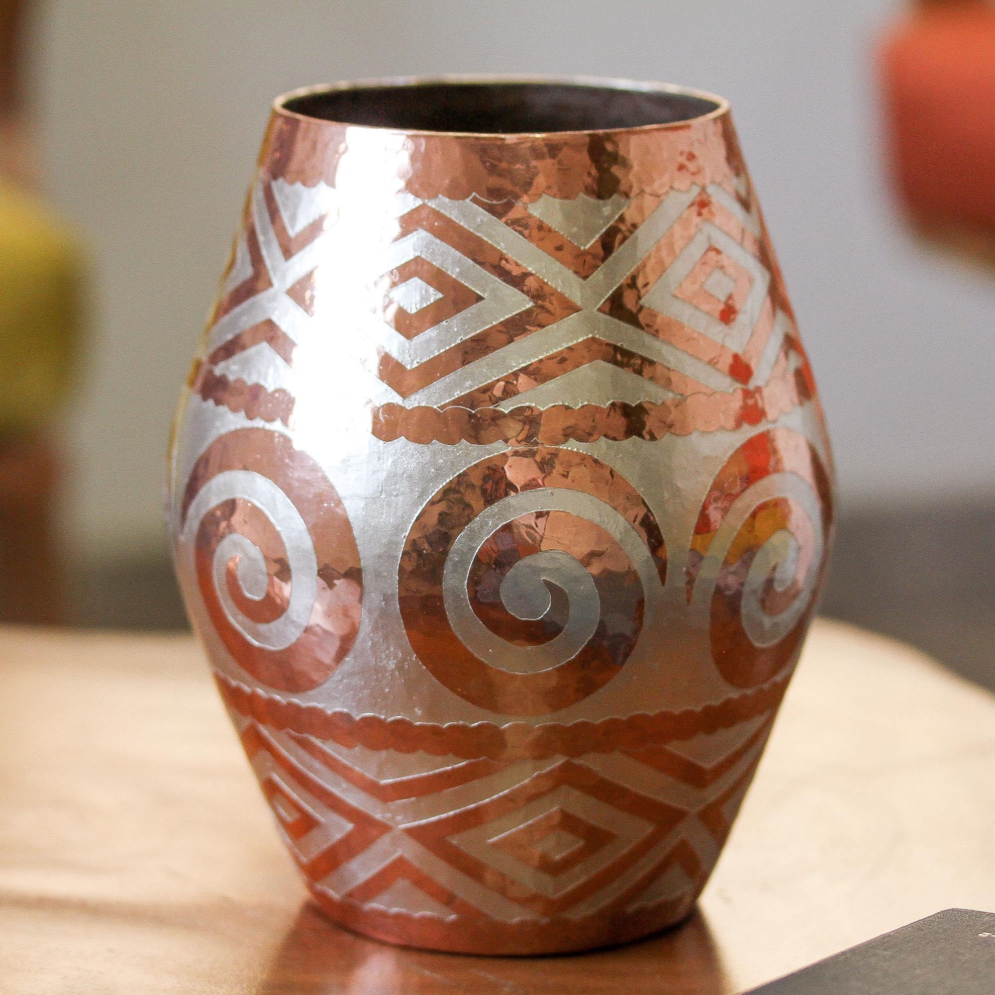 Premium Handcrafted Copper Vase with Silver Accent – Spiral Motif from Mexico