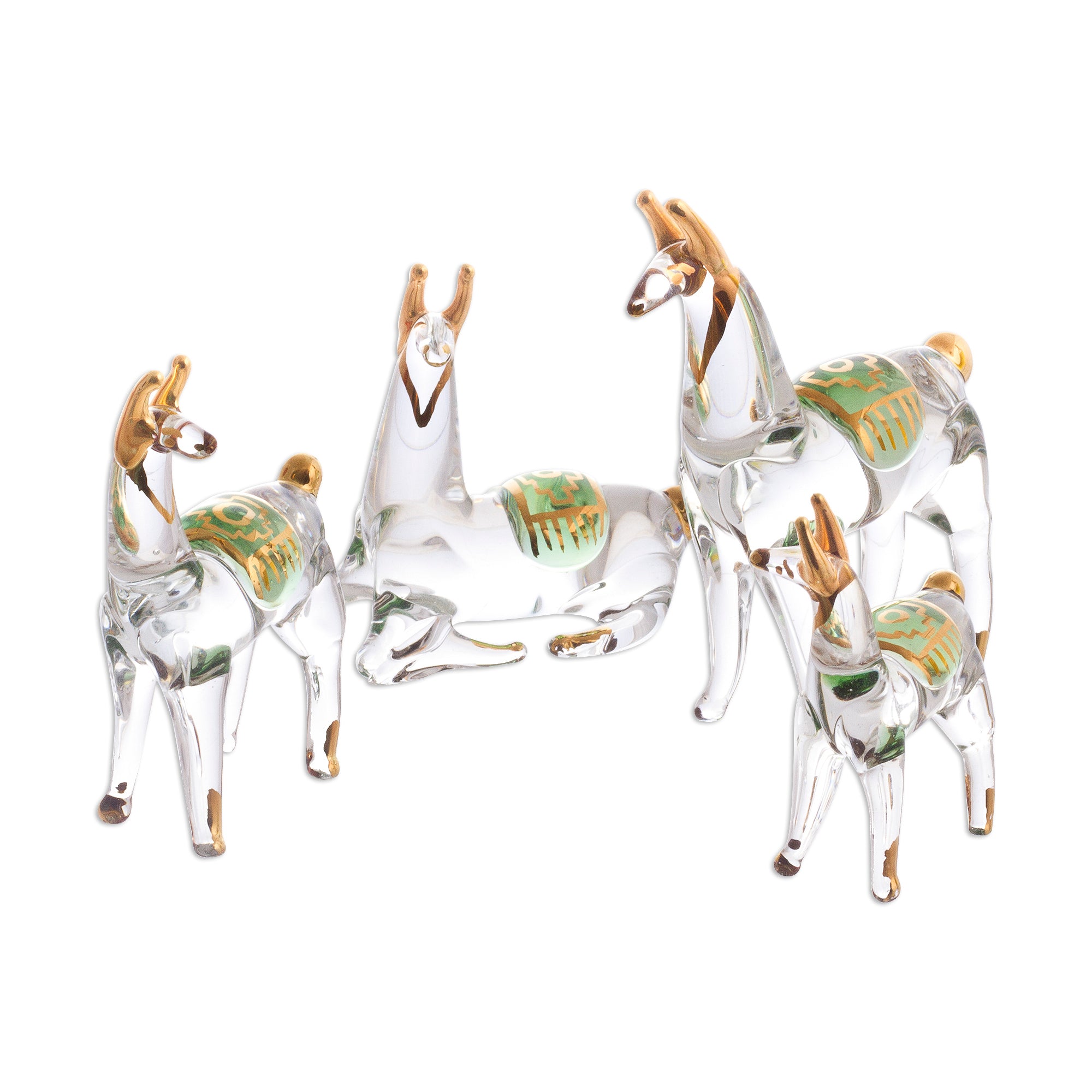 Premium Llama Family Set: Handcrafted Gilded Glass Figurines from Peru (Set of 4)