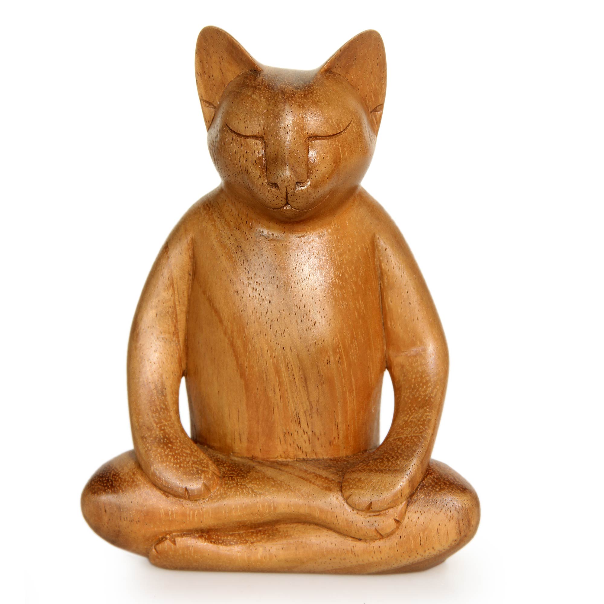 Premium Hand-Carved Suar Wood Yoga Cat Sculpture