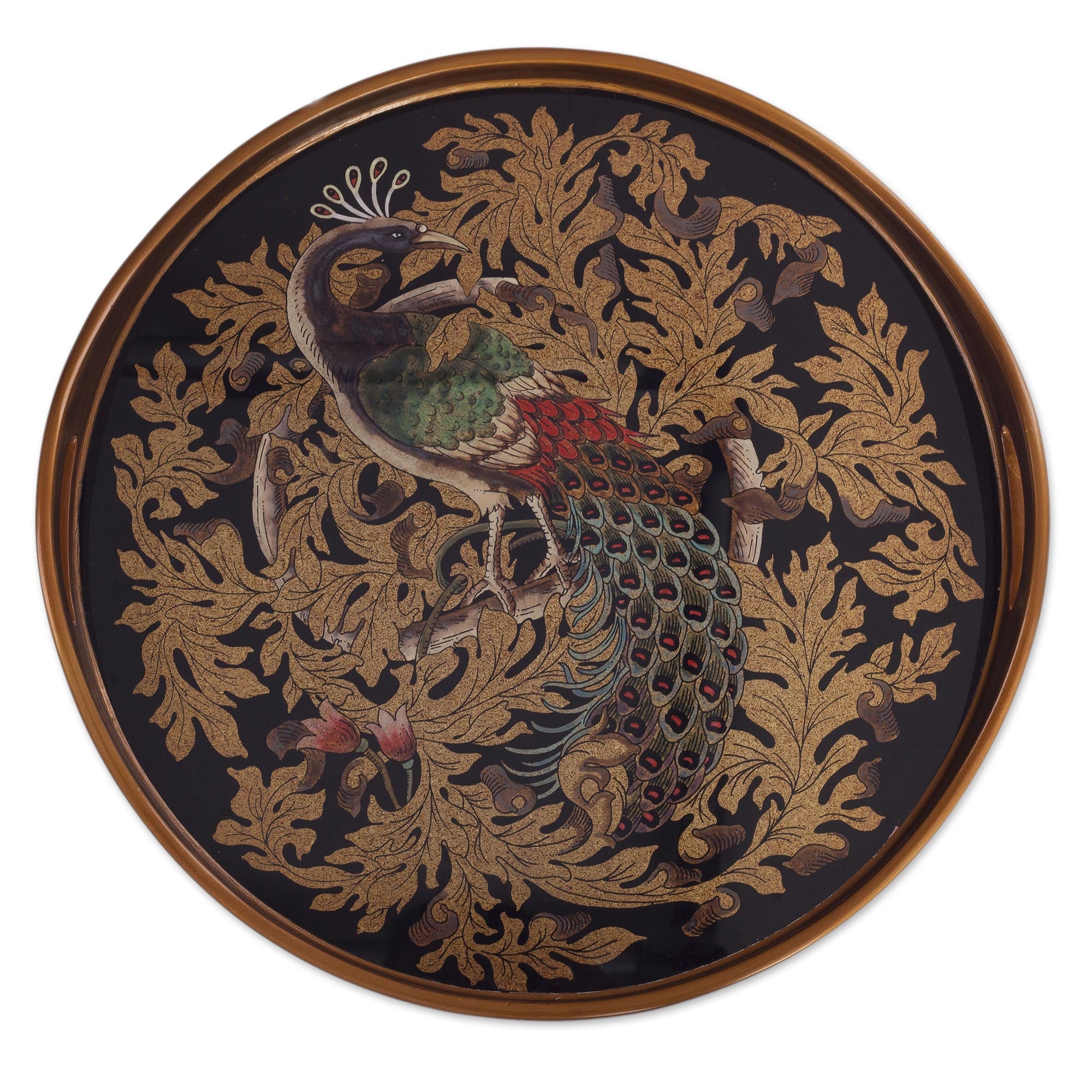 Premium Mystic Peacock Reverse-Painted Glass Tray – Handcrafted in Peru