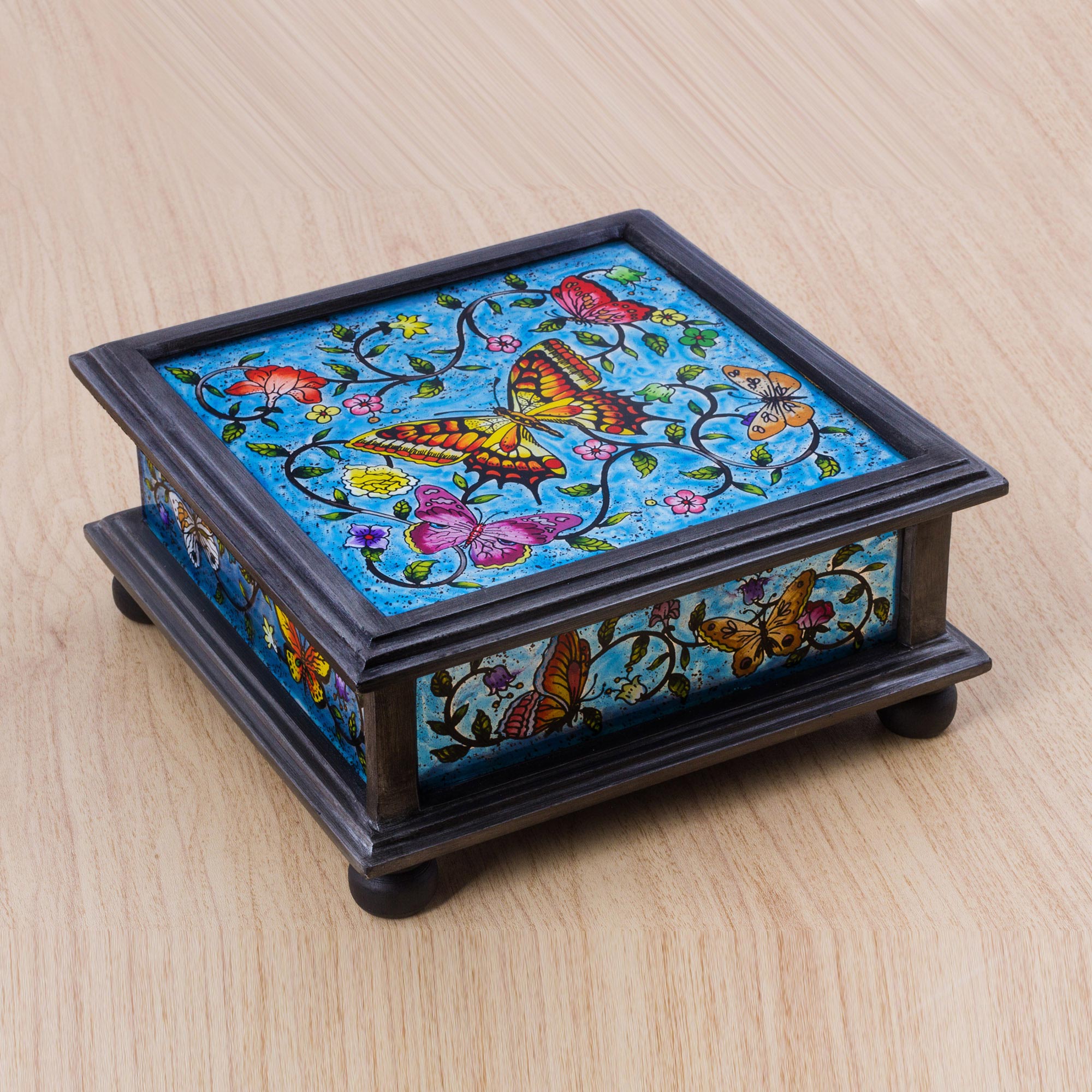 Premium Blue Winter Butterflies Reverse Painted Glass Decorative Box