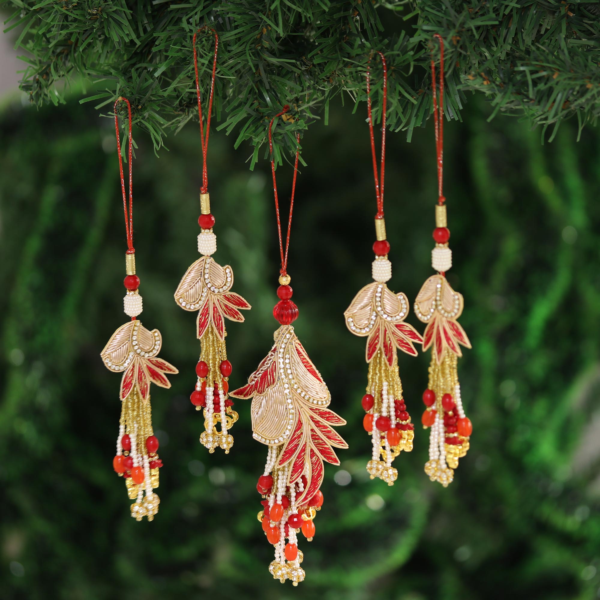 Premium Holiday Gala Gold & Red Beaded Ornaments – Handcrafted Set of 5 from India