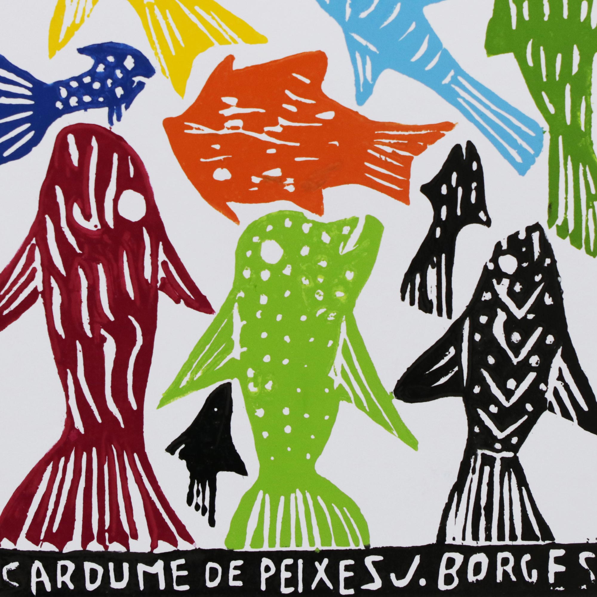 Premium Woodcut Print: School of Fish by J. Borges - Vibrant Brazilian Art