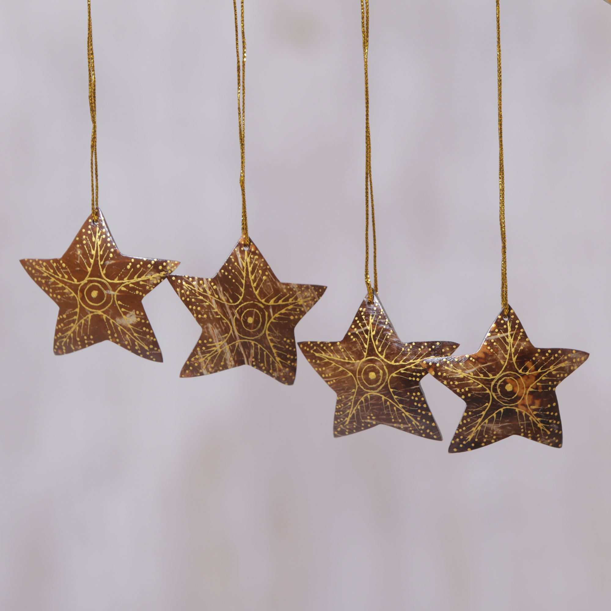 Premium Handmade Coconut Shell Star Ornaments - Set of 4