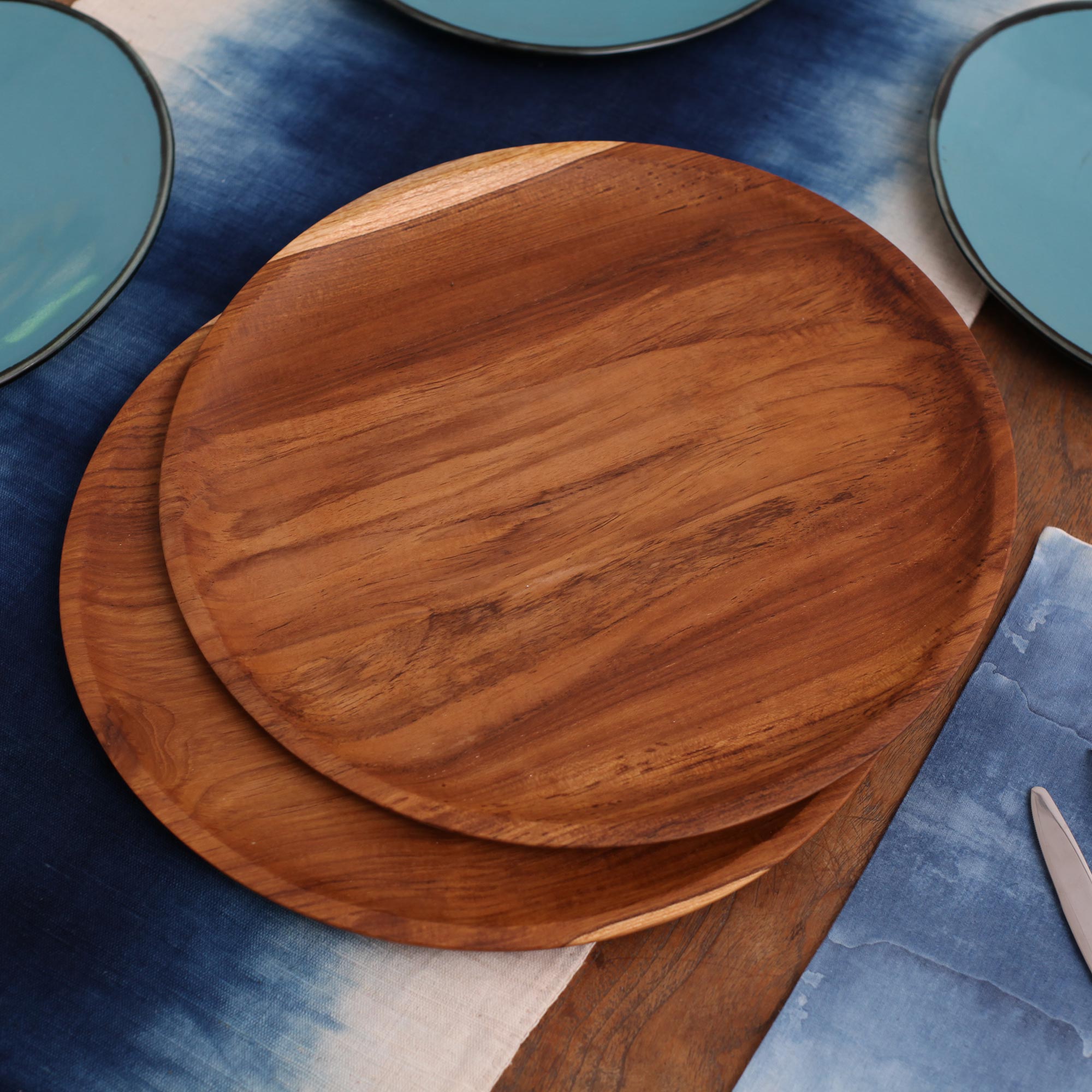 Premium Handcrafted Teak Wood Luncheon Plates - Natural Grain Pair