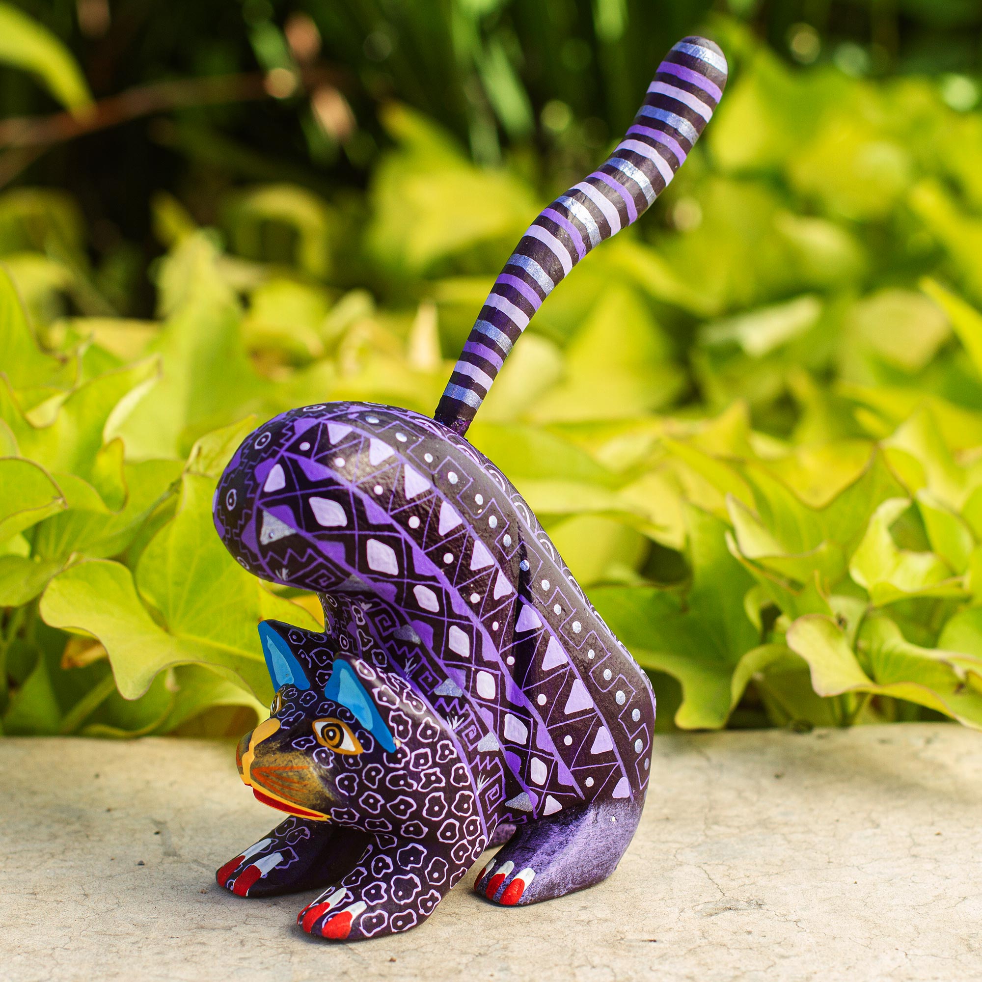 Premium Hand-Painted Purple Alebrije Cat Figurine - Authentic Mexican Folk Art