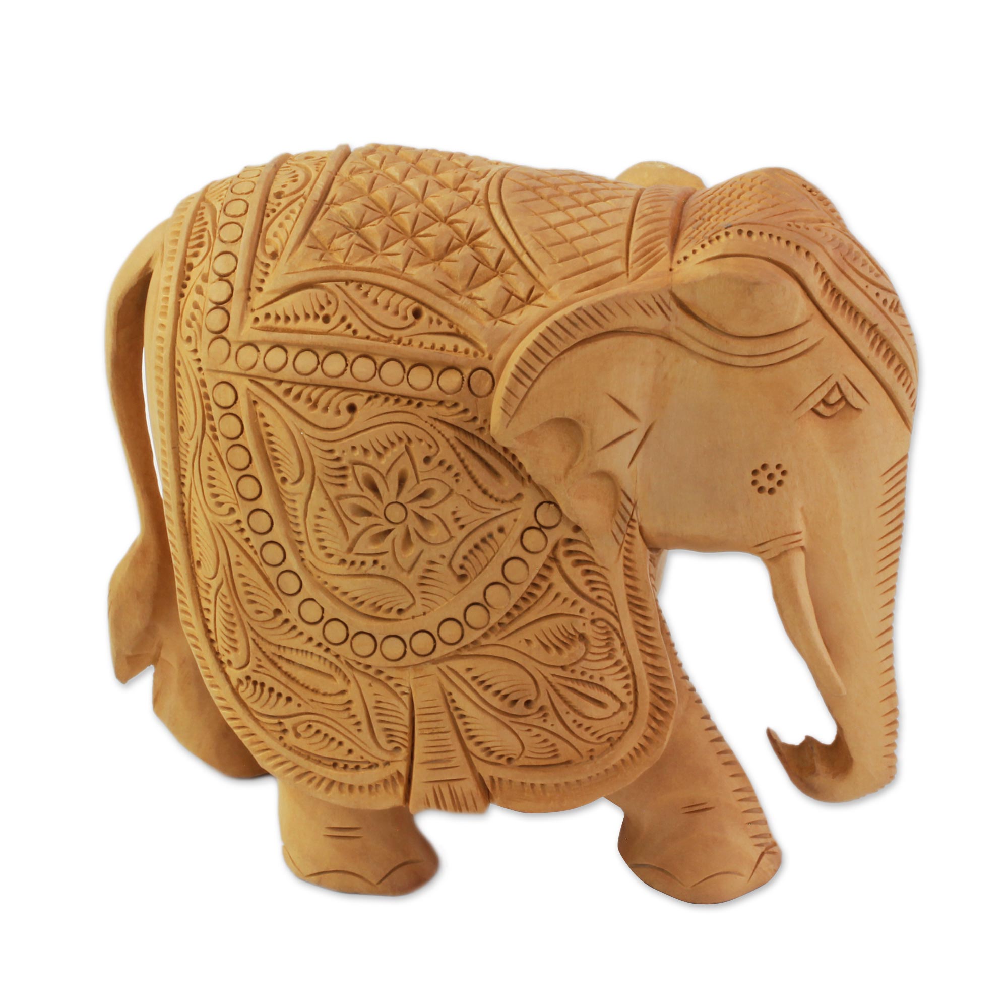 Premium Majestic Elephant Hand-Carved Sculpture - 6 Inch Kadam Wood Jali Art