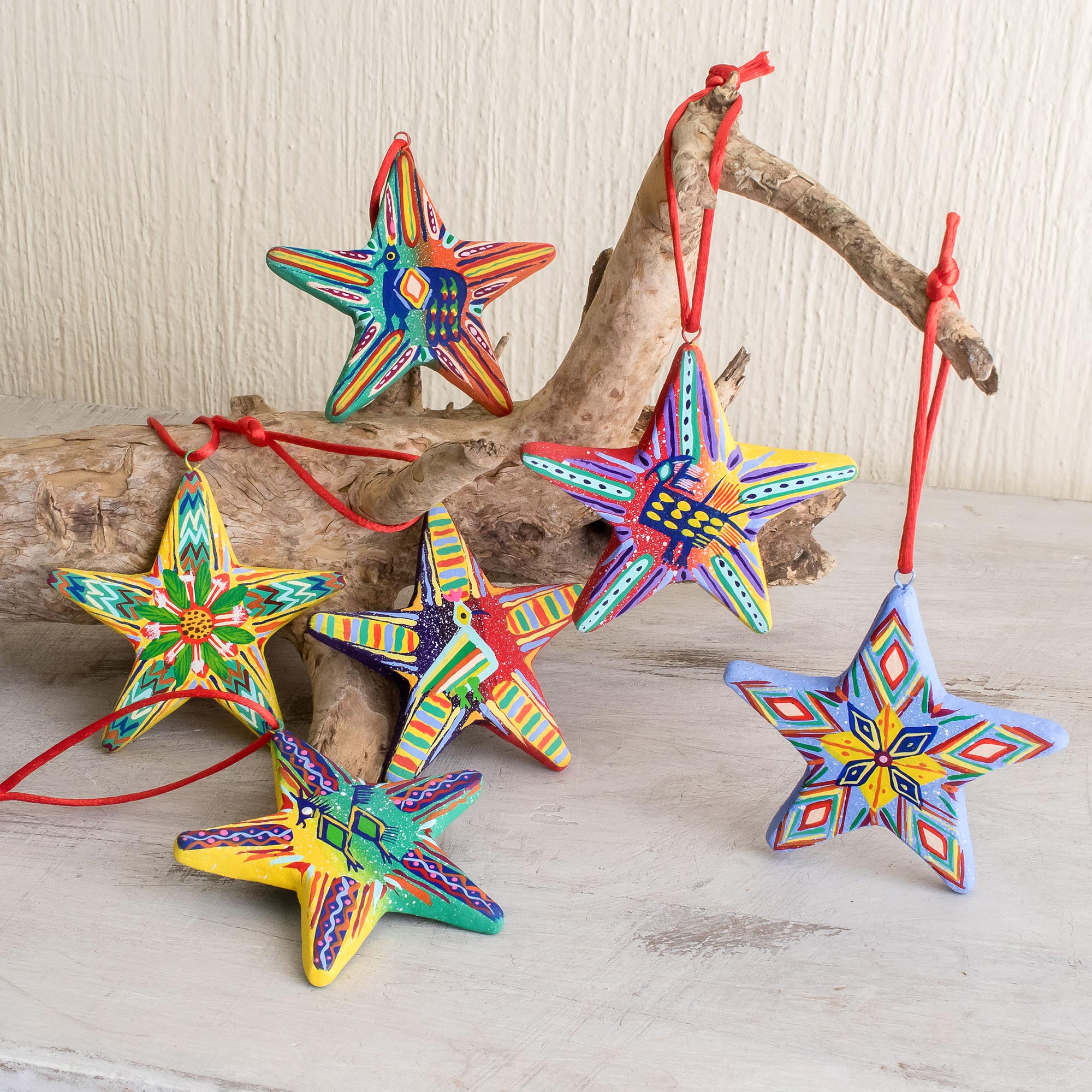 Premium Holiday Stars Ceramic Ornaments - Set of 6