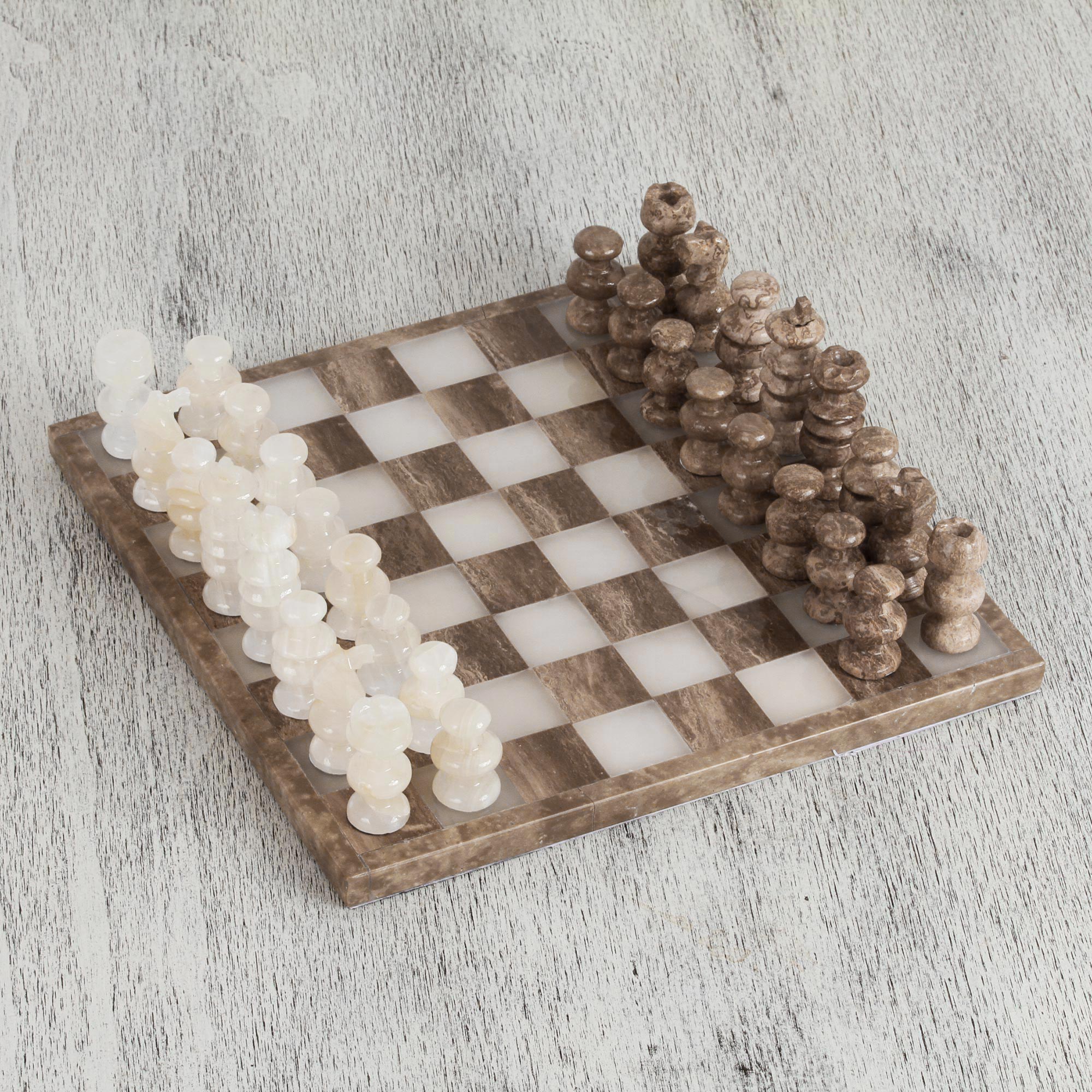 Premium Hand-Carved Brown & Ivory Onyx and Marble Chess Set - Crafted in Mexico