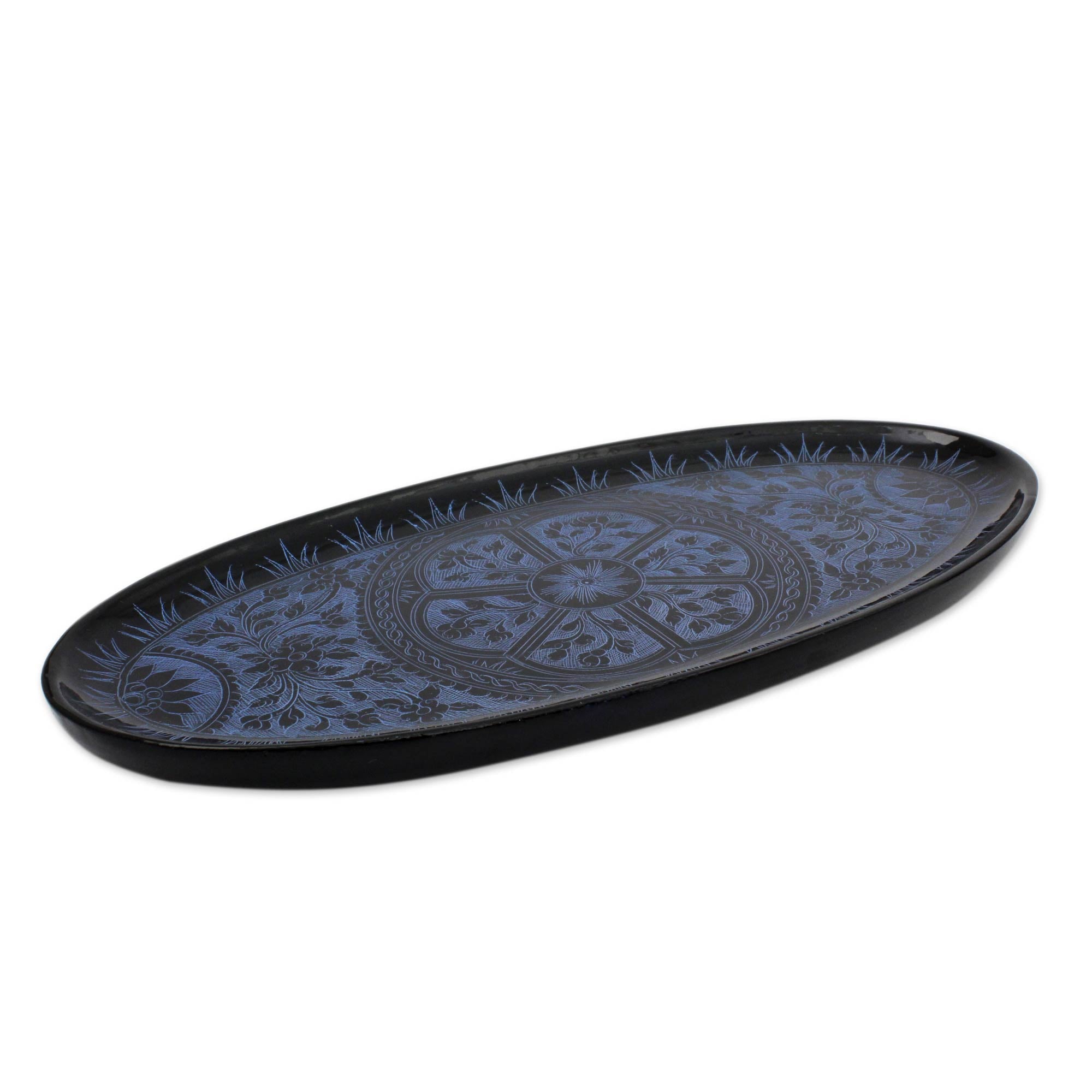 Premium Floral Medallion Blue Lacquered Catchall Tray - Handcrafted Elegance