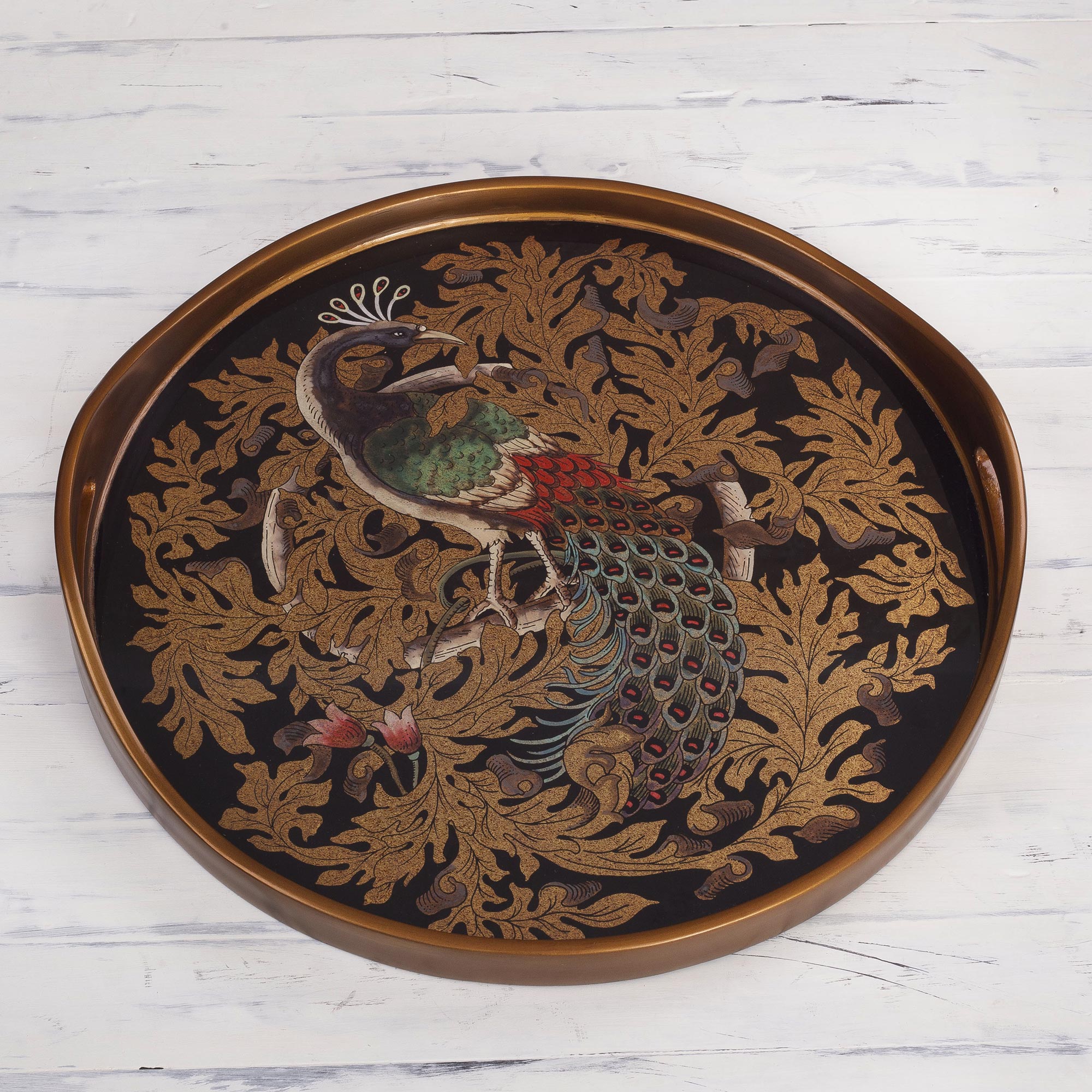 Premium Mystic Peacock Reverse-Painted Glass Tray – Handcrafted in Peru