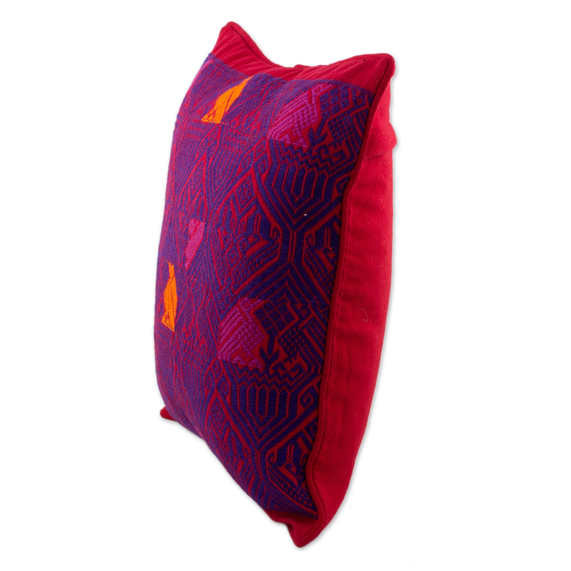 Premium Handwoven Maya Backstrap Loom Cushion Cover - Red & Purple with Bird Motif