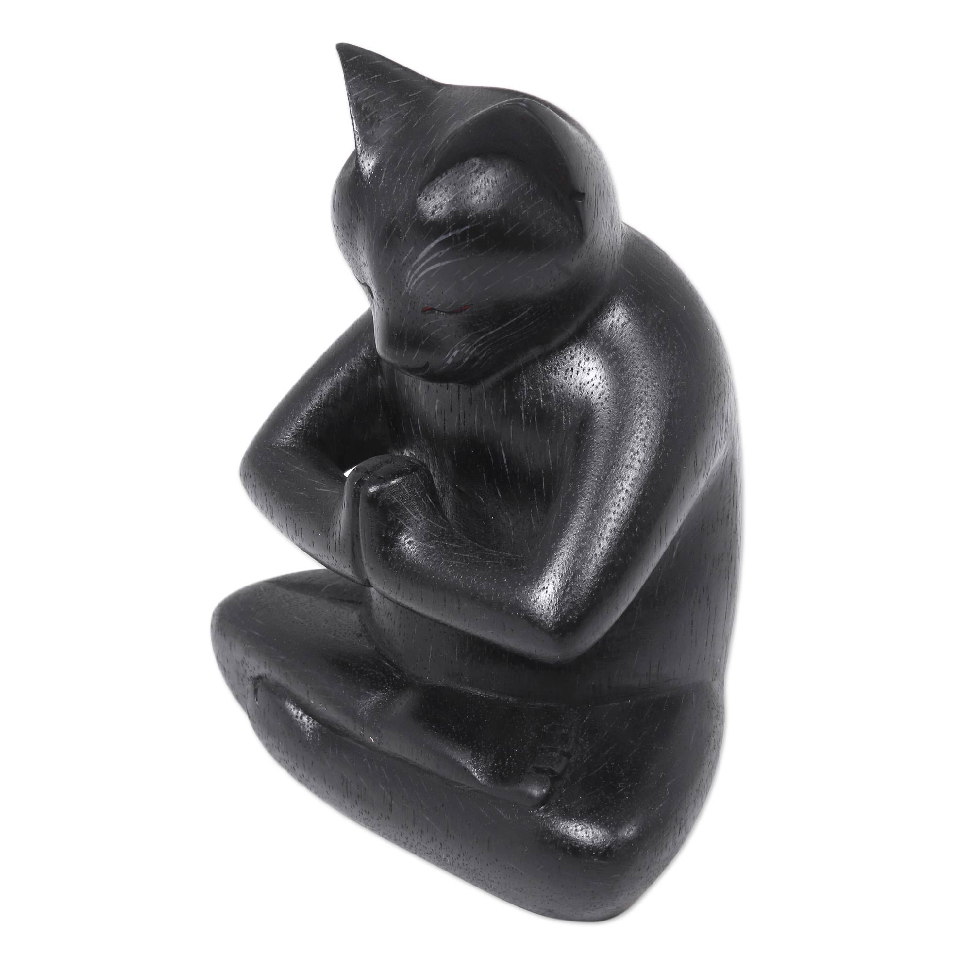 Premium Handcrafted Black Cat Prayer Sculpture in Suar Wood