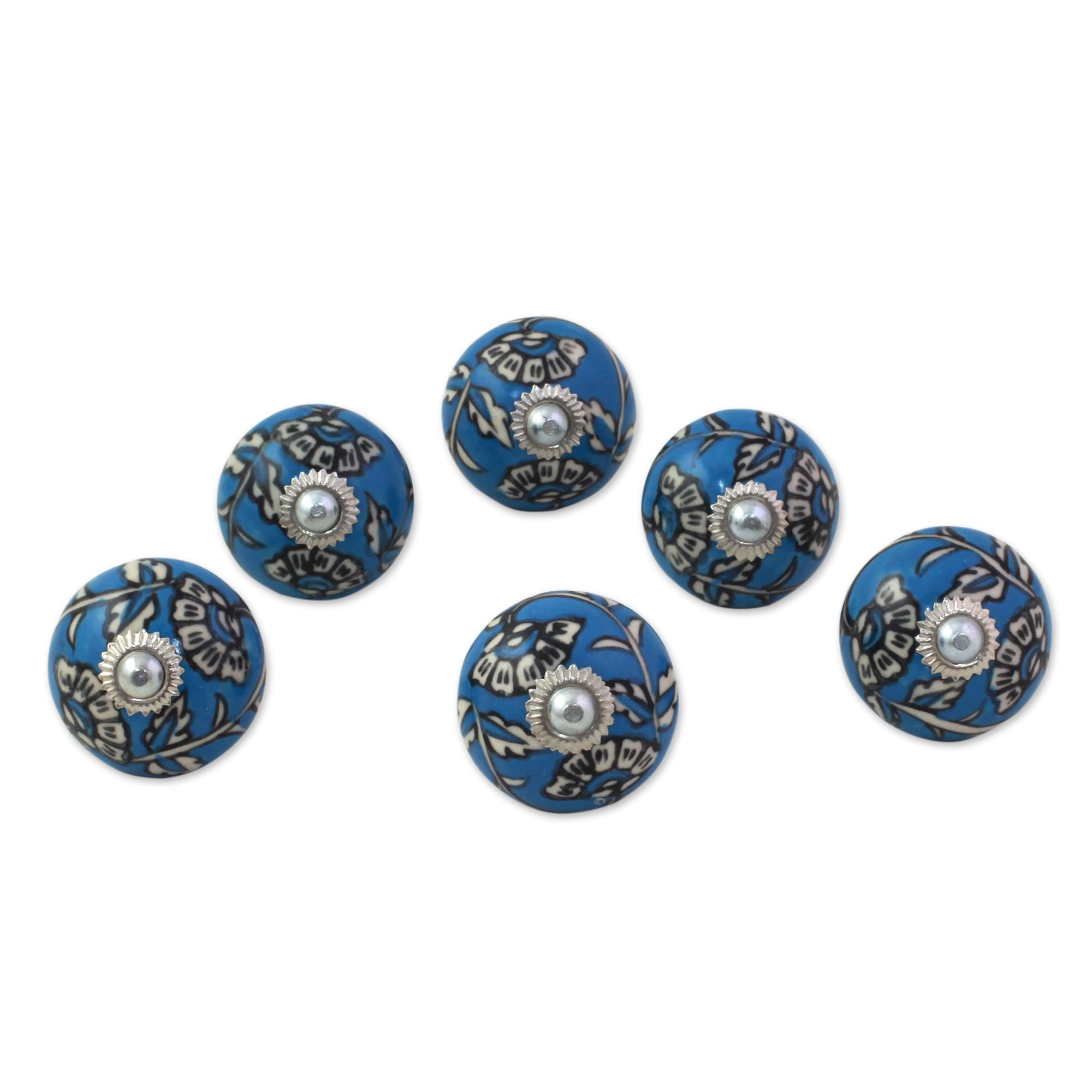 Premium Handcrafted Blue Floral Ceramic Cabinet Knobs - Set of 6