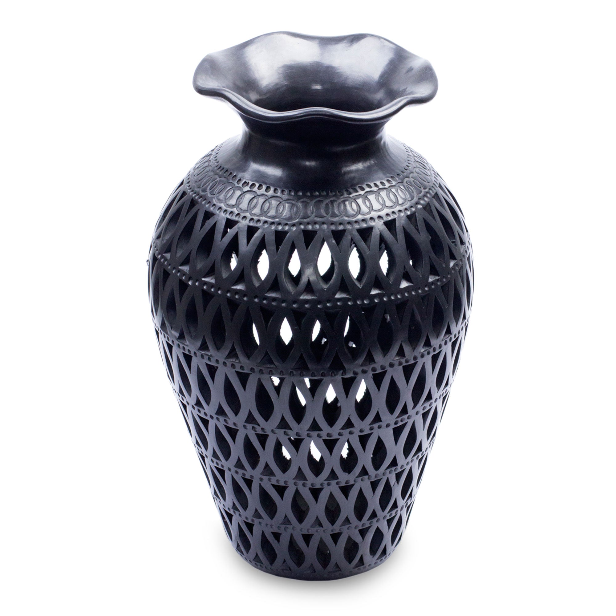 Premium Handcrafted Oaxacan Black Pottery Vase with Leaf Motifs