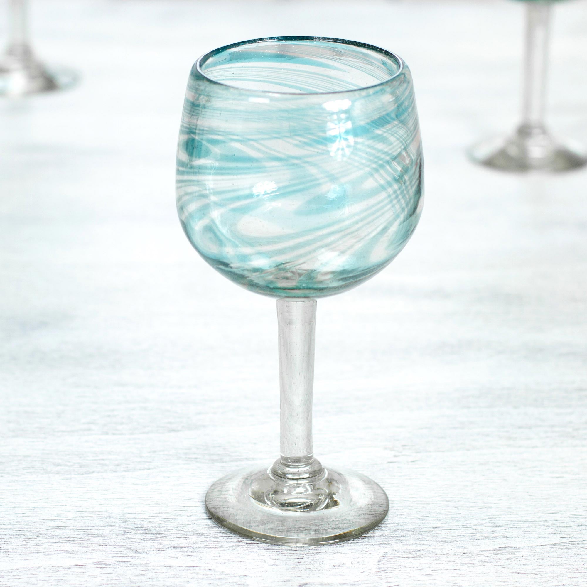 Premium Aqua Swirl Set of 6 Handcrafted Recycled Wine Glasses - Eco-Friendly Elegance from Mexico
