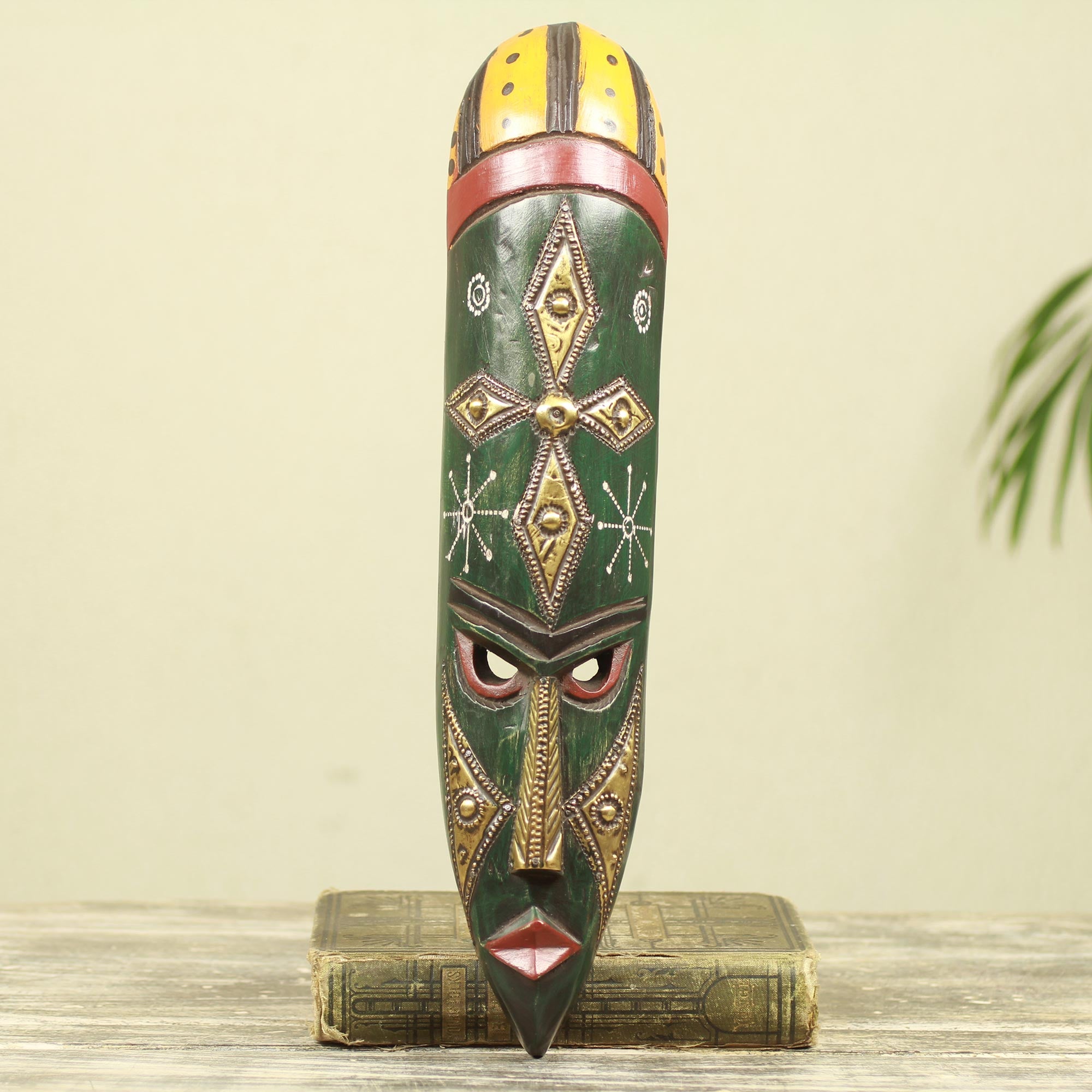 Premium Handcrafted African Wood Wall Mask with Embossed Brass Star