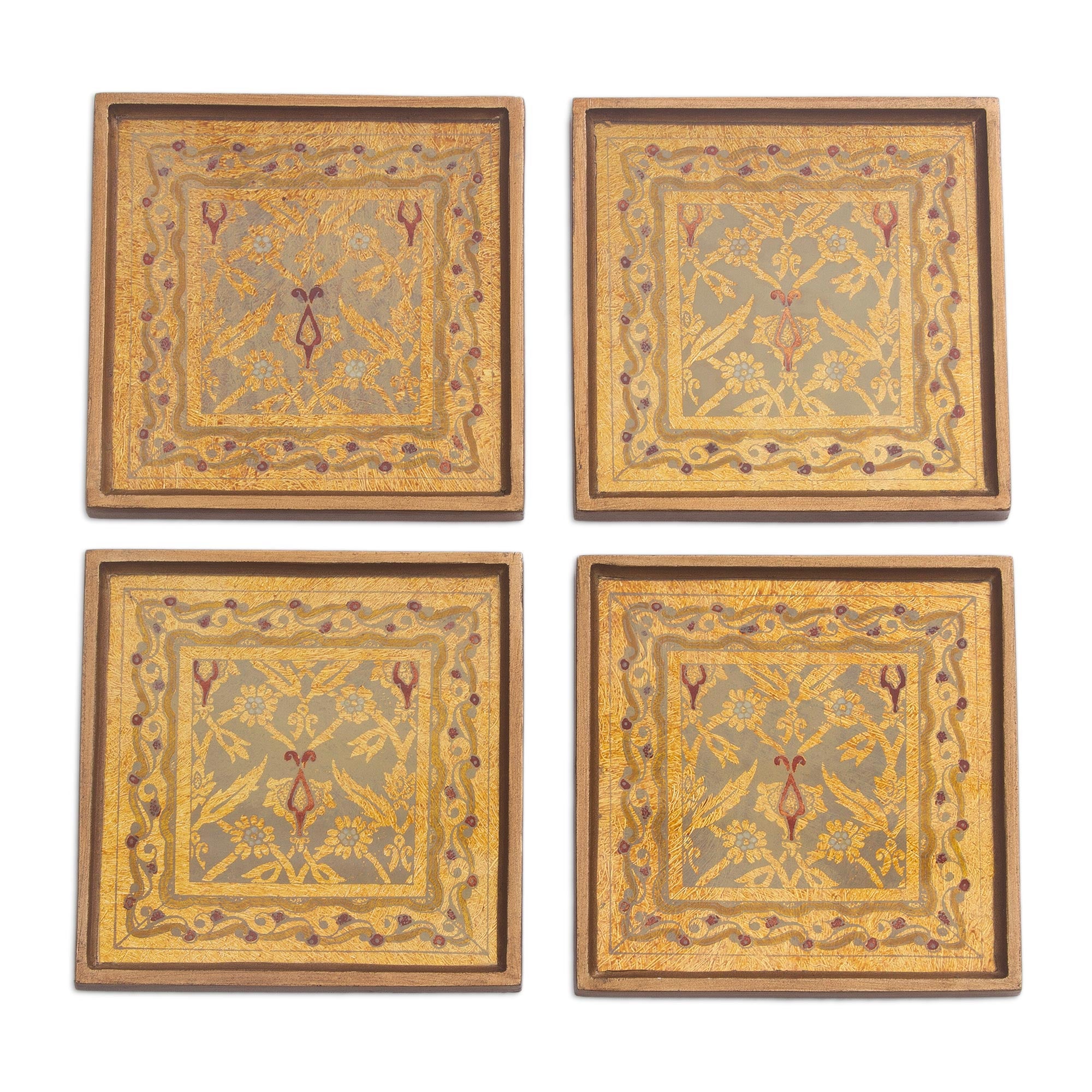 Premium Colonial Gold Floral Coasters Set - Handcrafted Reverse Painted Glass