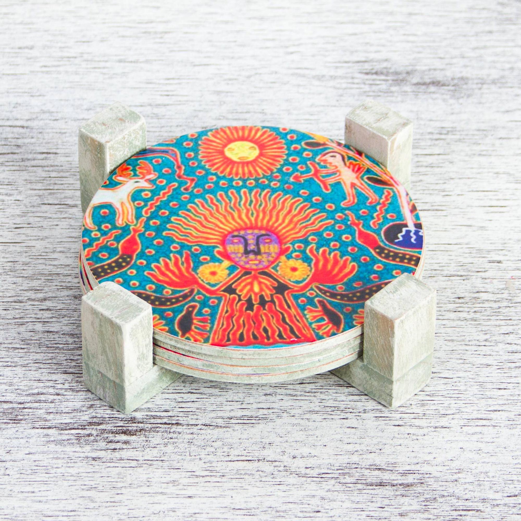 Premium Huichol Multicolored Pinewood Coasters Set with Holder