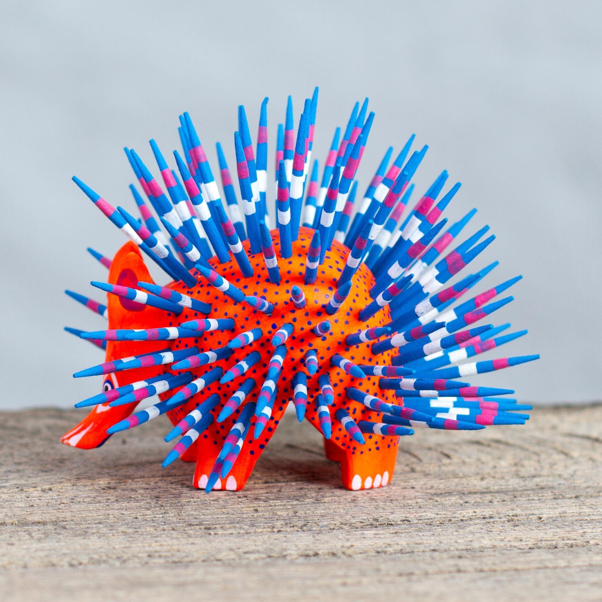 Premium Handpainted Porcupine Sculpture - Blue & Red Artisan Craft