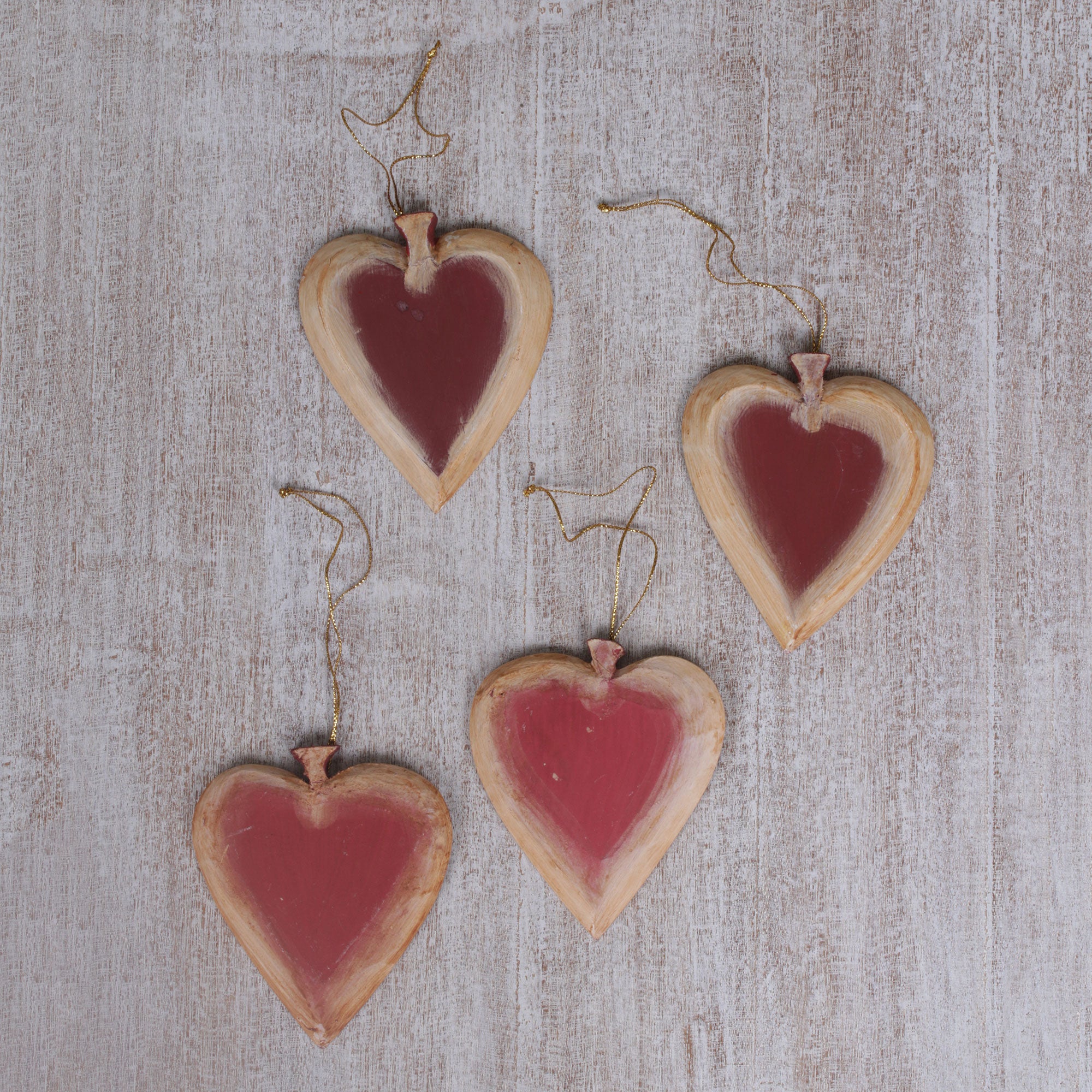 Premium Handcrafted Ruby Hearts Ornament Set from Bali – Set of 4