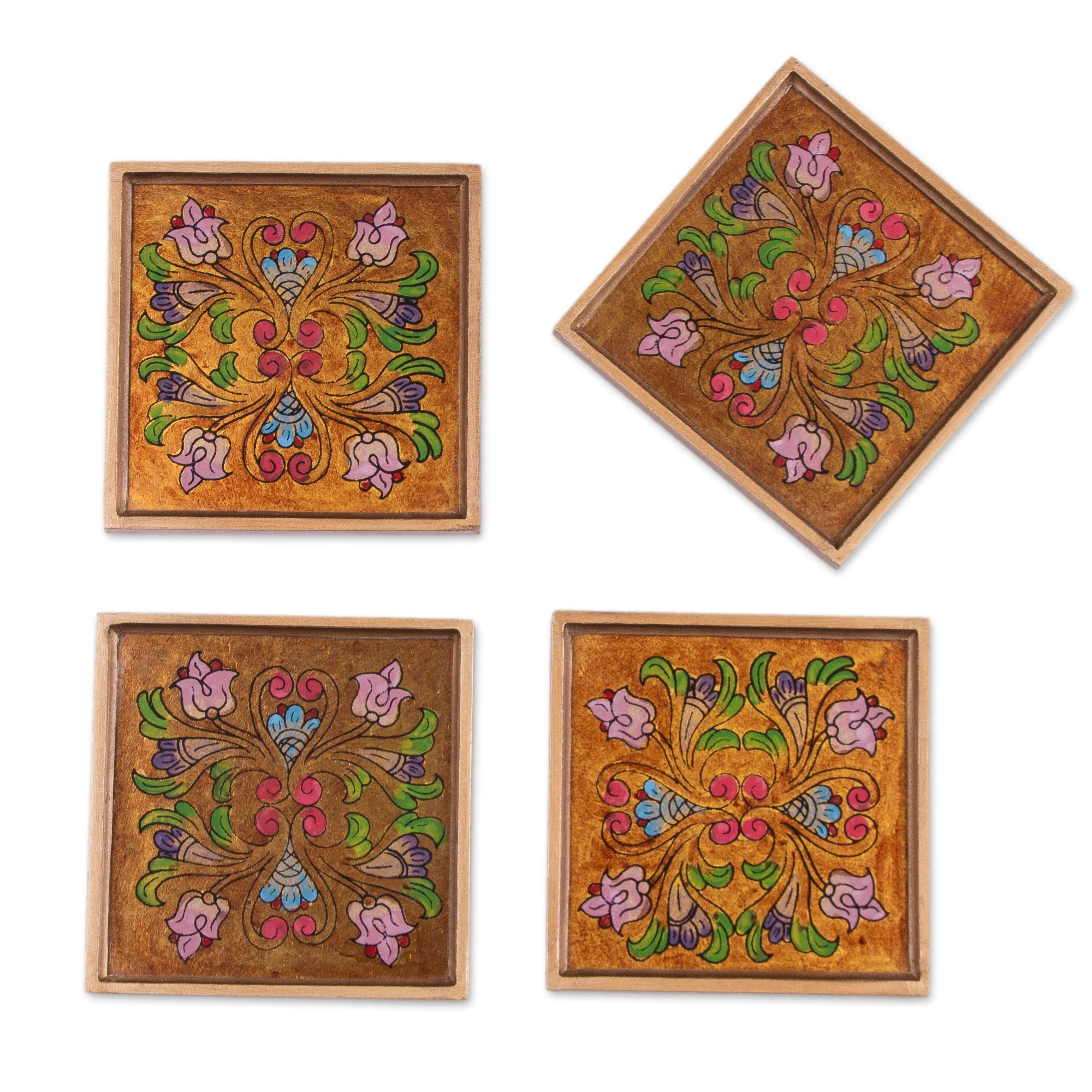 Premium Floral Gold Reverse Painted Glass Coasters - Set of 4 | Handcrafted in Peru
