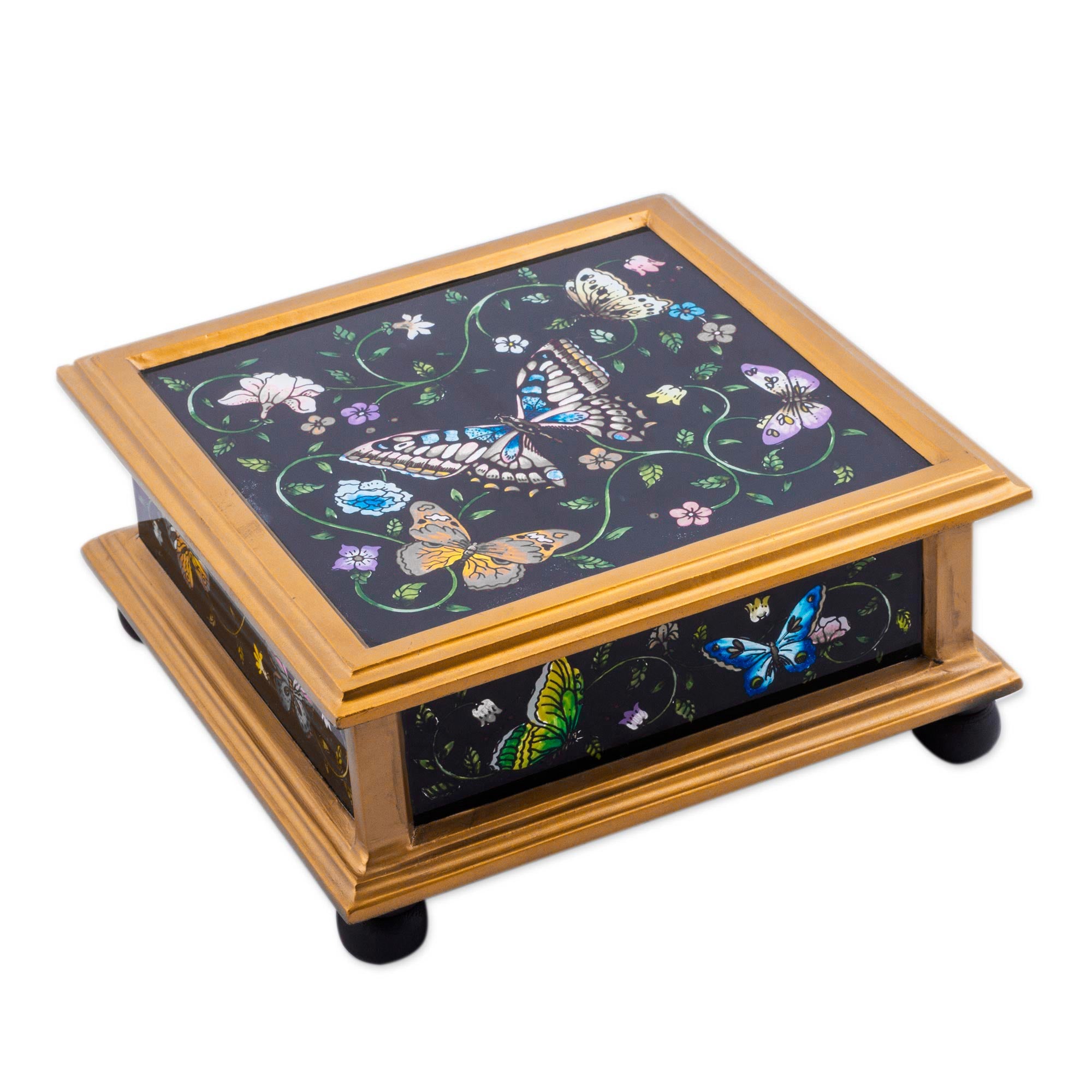 Premium Midnight Garden Black Reverse-Painted Glass Butterfly Jewelry Box