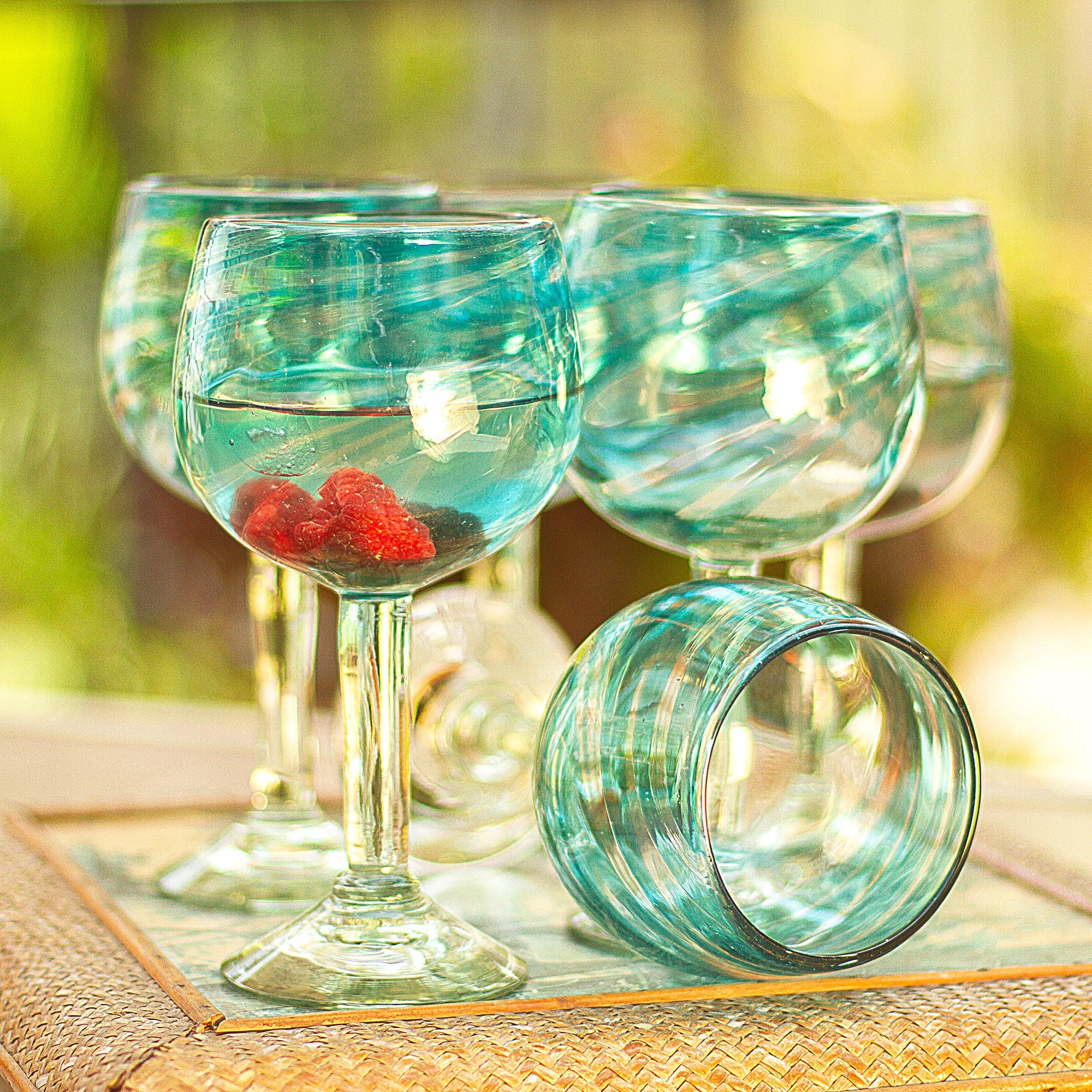 Premium Aqua Swirl Set of 6 Handcrafted Recycled Wine Glasses - Eco-Friendly Elegance from Mexico