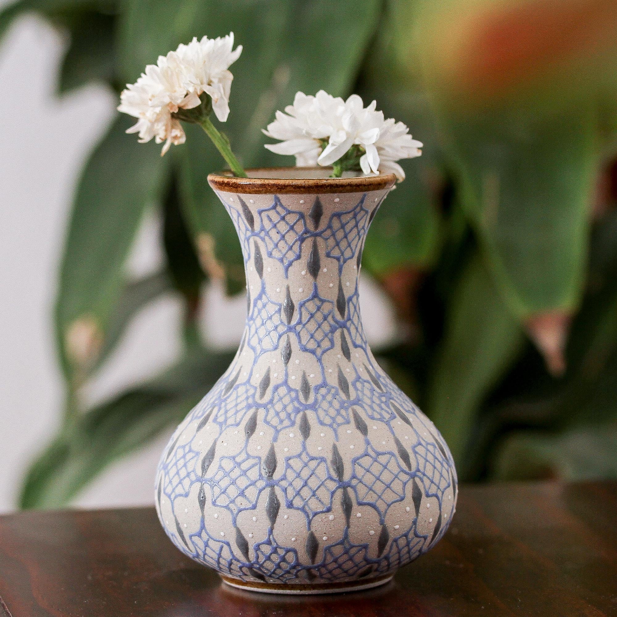 Premium Handcrafted Talavera Ceramic Vase - Blue & Grey Artisan Design