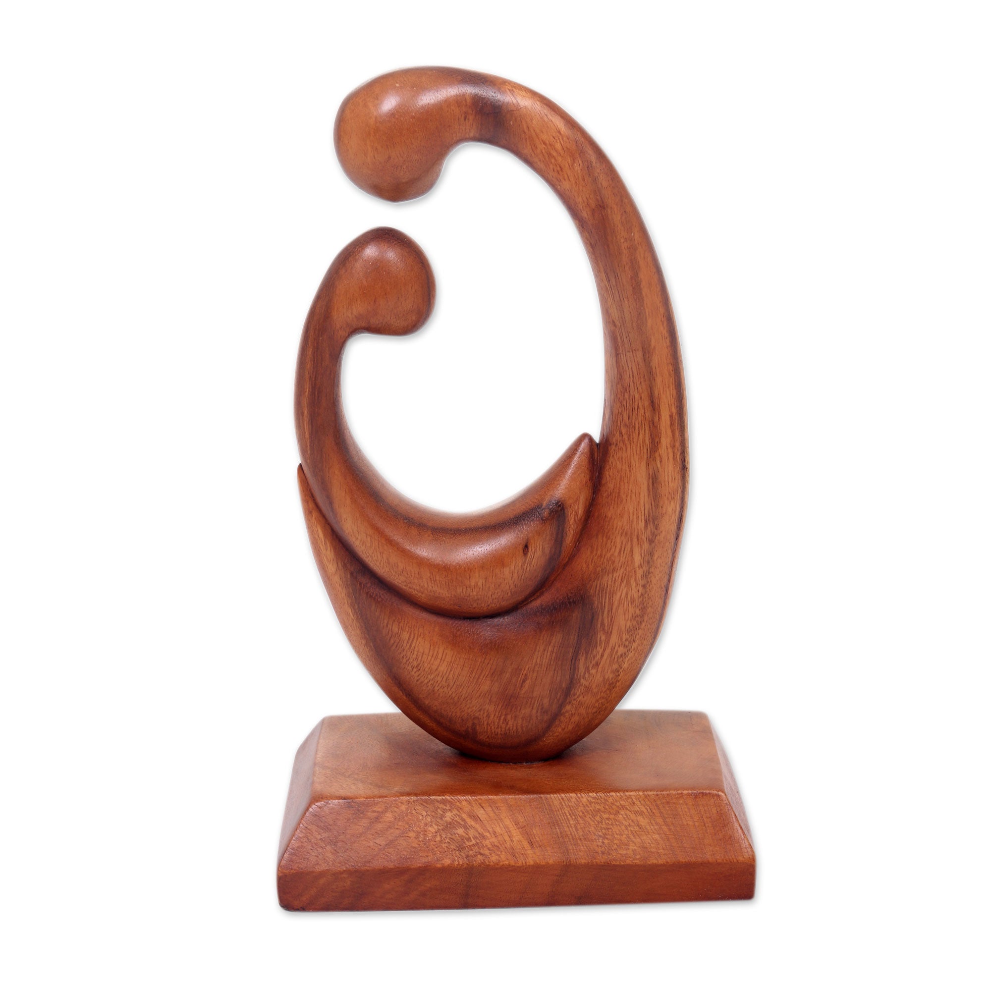 Premium Hand-Carved Mother and Child Wood Sculpture - Balinese Artisan Signed
