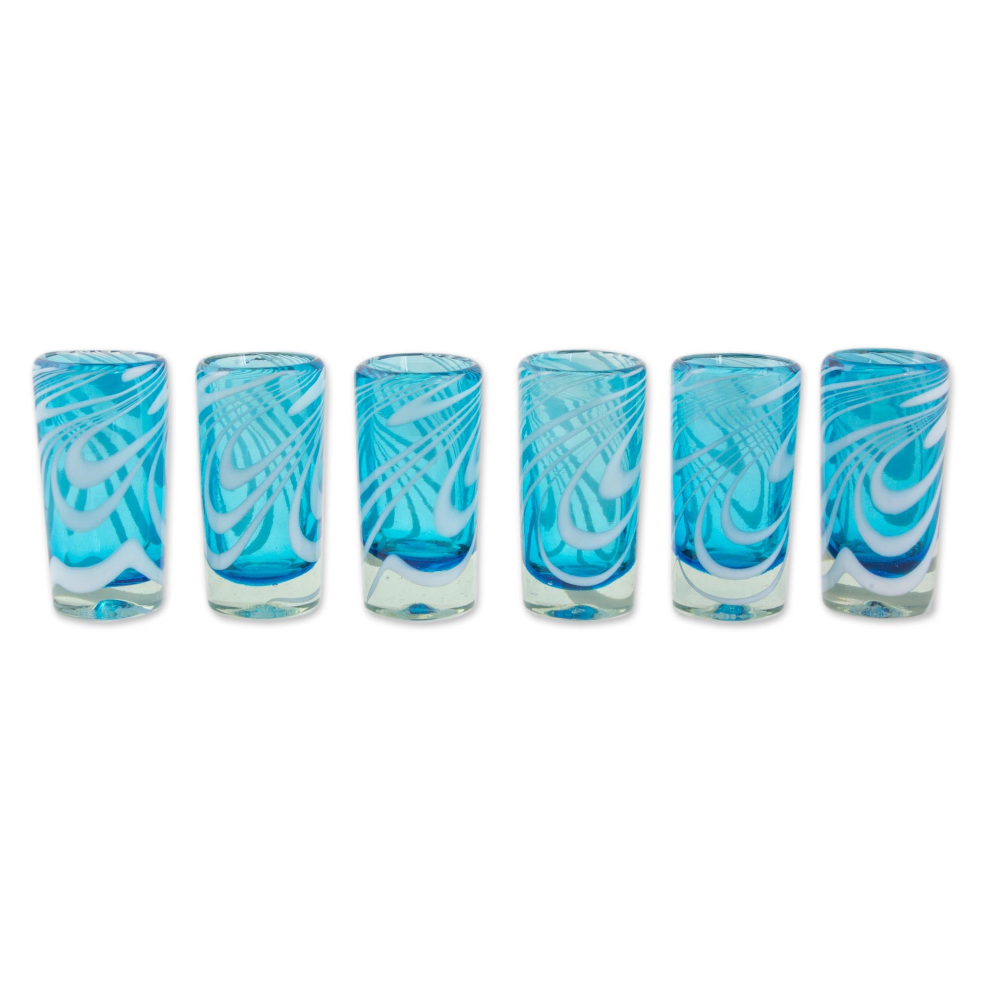 Premium Whirling Aquamarine Hand-Blown Shot Glasses - Set of 6 | Mexican Artisan Craft