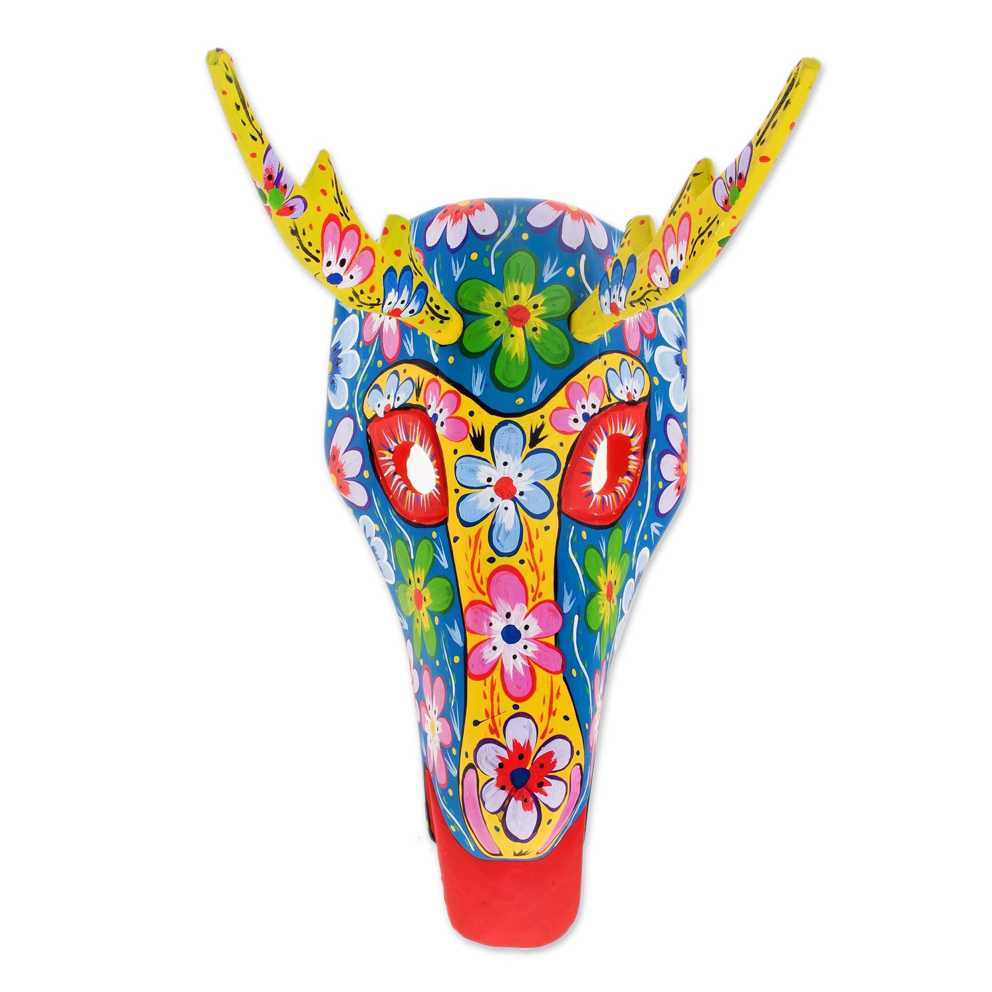 Premium Handcrafted Blue Floral Deer Wall Mask from Guatemala