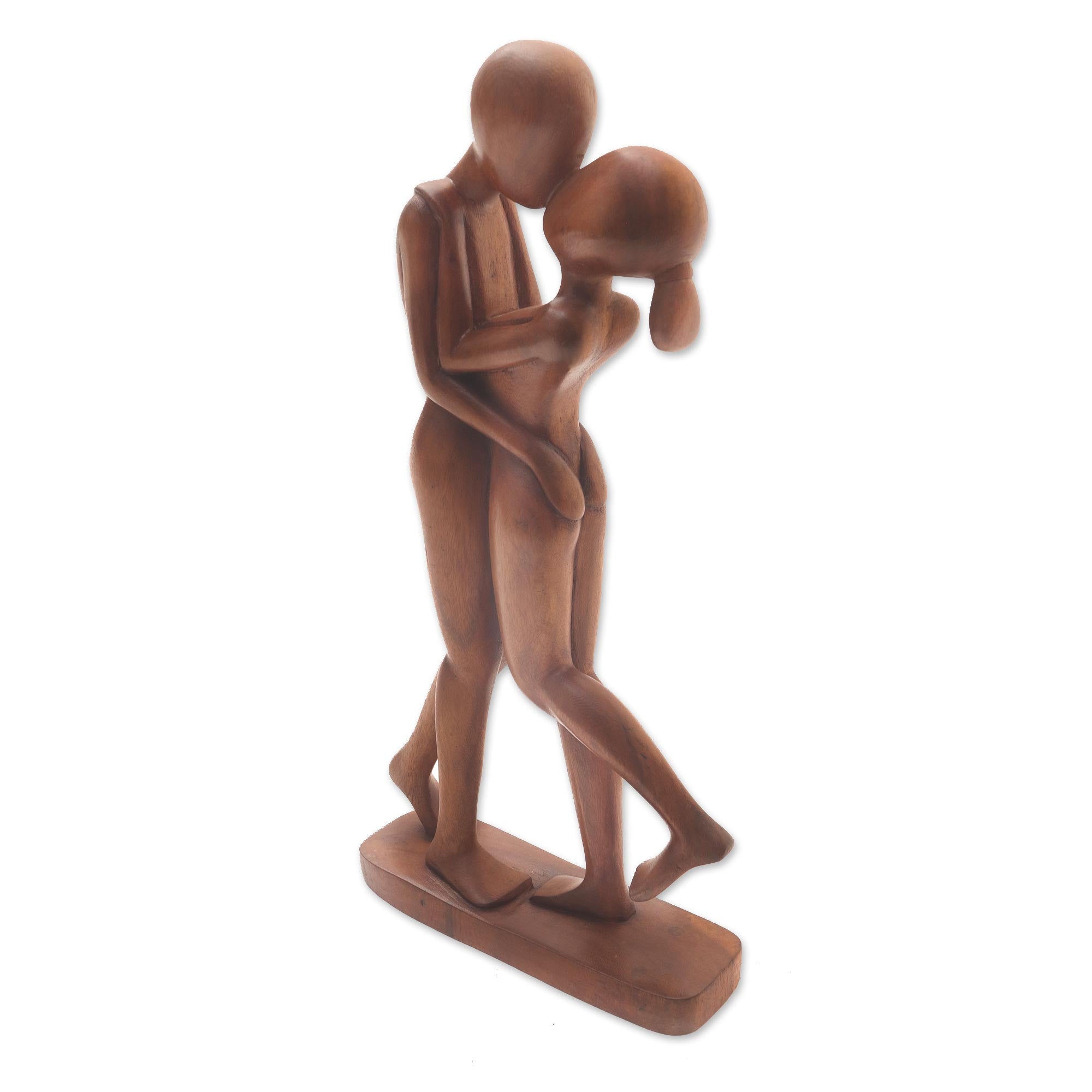 Premium Hand-Carved Suar Wood 'Lover's Kiss' Sculpture from Bali - Romantic Art Piece
